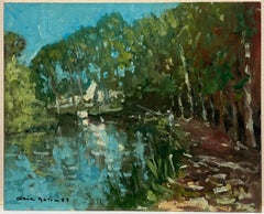 20th Century French Impressionist Signed Oil Tranquil River Bank Fisherman Trees