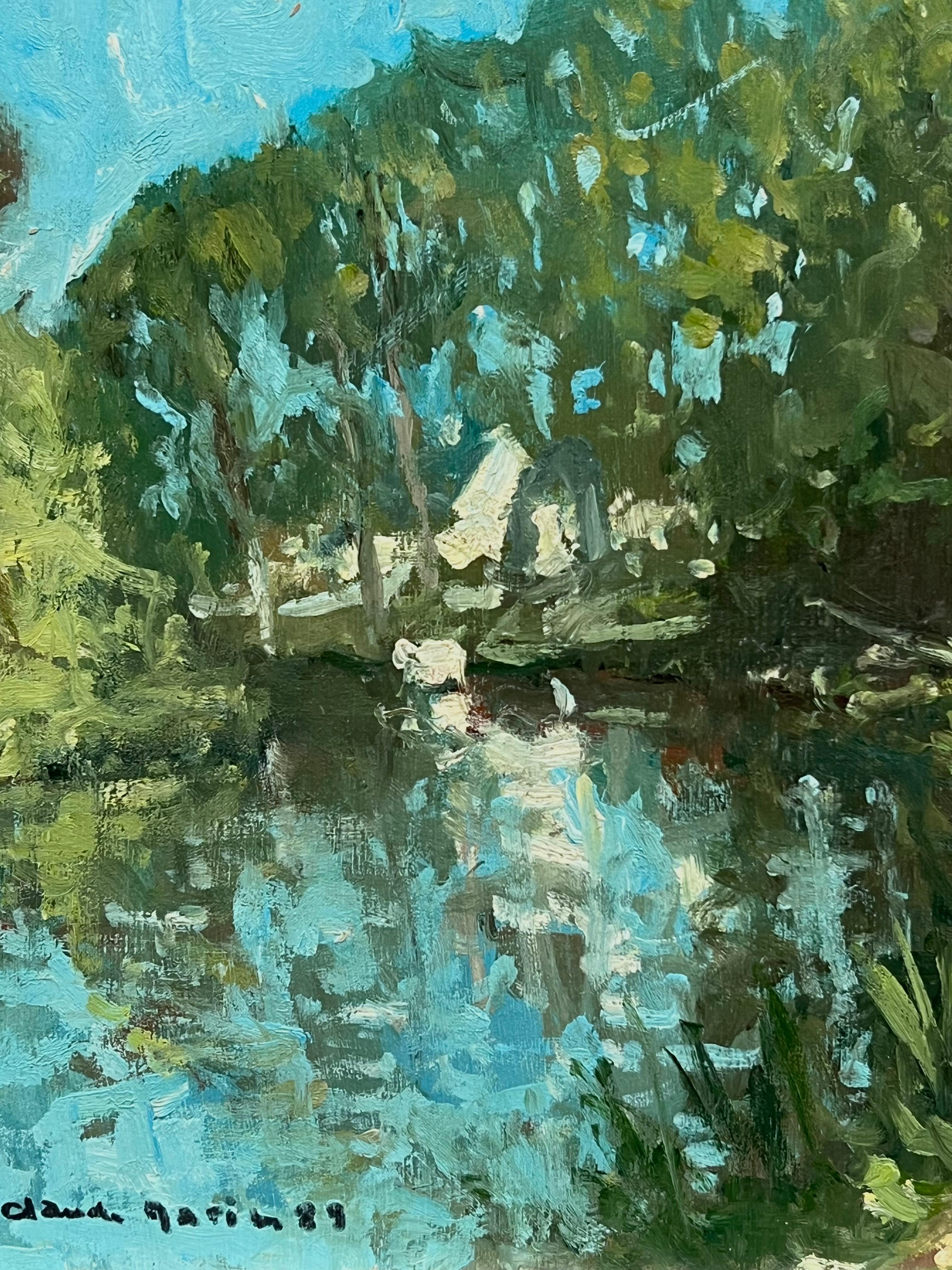 Siglo XX Óleo Impresionista Francés Firmado Tranquil River Bank Fisherman Trees - Landscape Painting Negro de Claude Marin