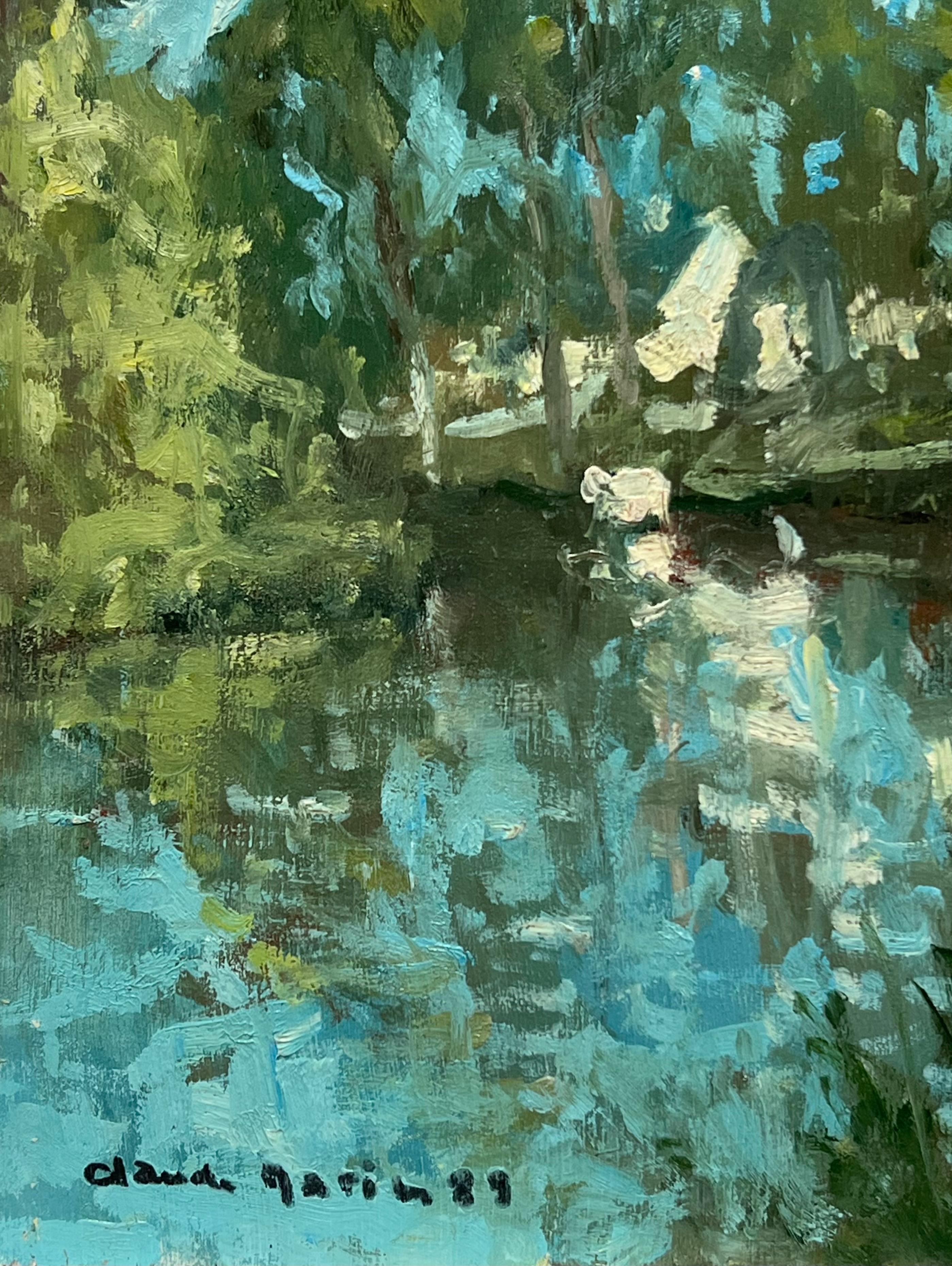 Siglo XX Óleo Impresionista Francés Firmado Tranquil River Bank Fisherman Trees en venta 2