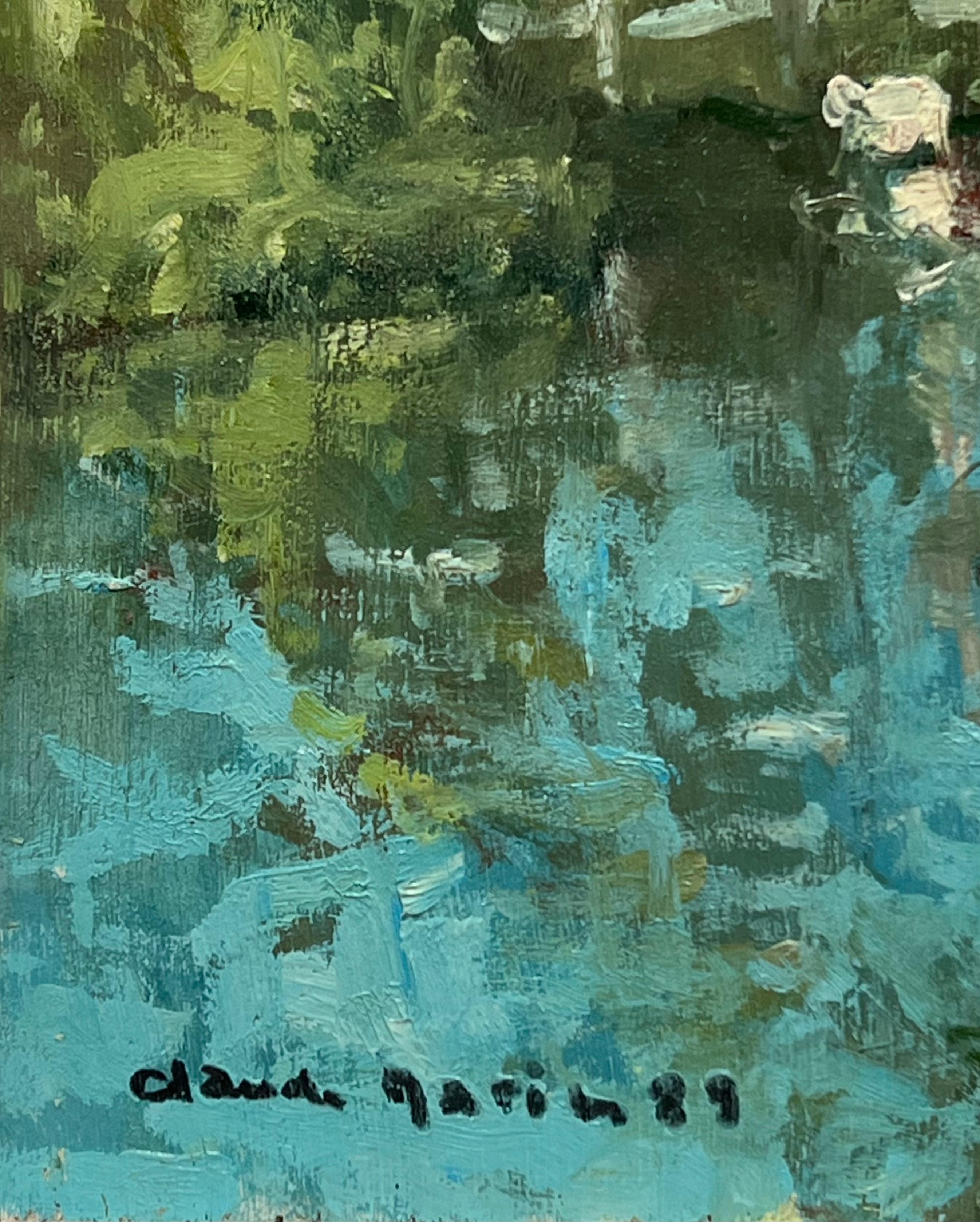 Siglo XX Óleo Impresionista Francés Firmado Tranquil River Bank Fisherman Trees en venta 3