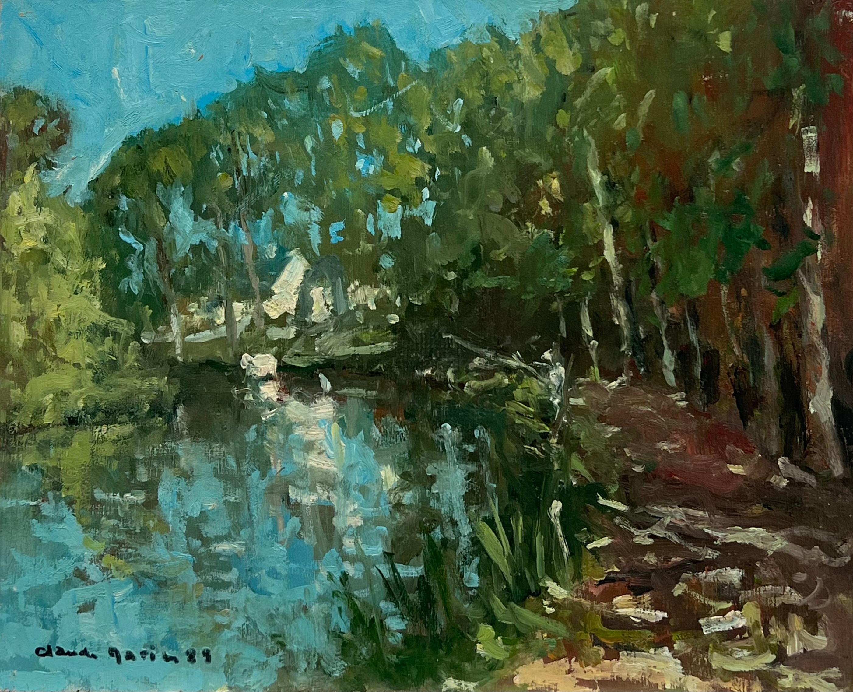 Landscape Painting de Claude Marin - Siglo XX Óleo Impresionista Francés Firmado Tranquil River Bank Fisherman Trees