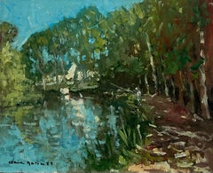Siglo XX Óleo Impresionista Francés Firmado Tranquil River Bank Fisherman Trees