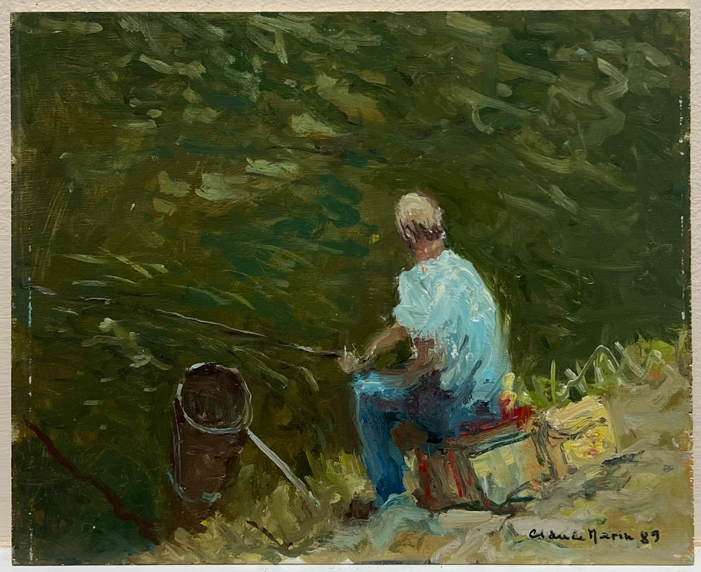 Pescador sentado en la orilla de un río con luz moteada Firmado Óleo impresionista francés - Painting de Claude Marin
