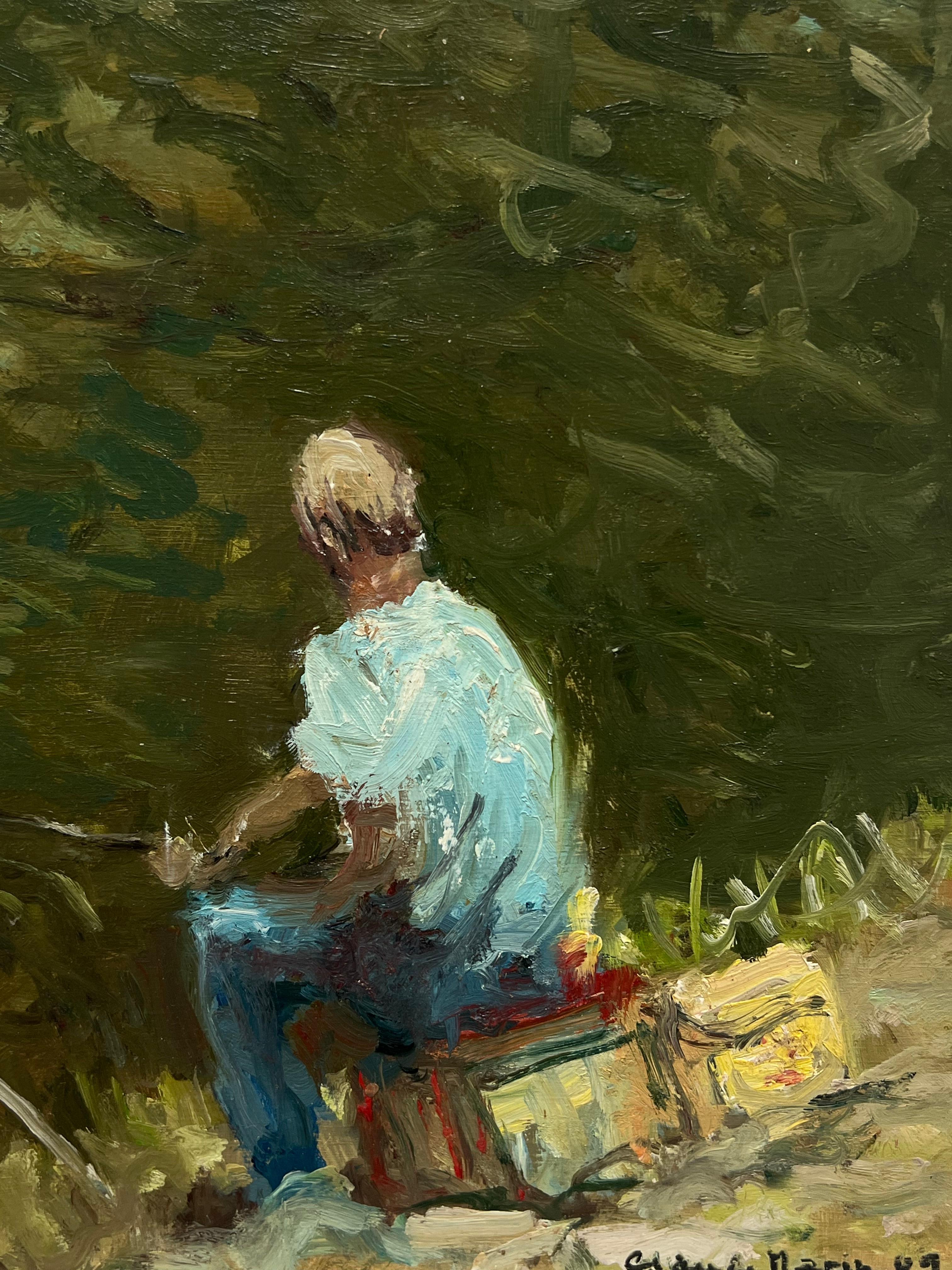 Pescador sentado en la orilla de un río con luz moteada Firmado Óleo impresionista francés - Painting Impresionista de Claude Marin
