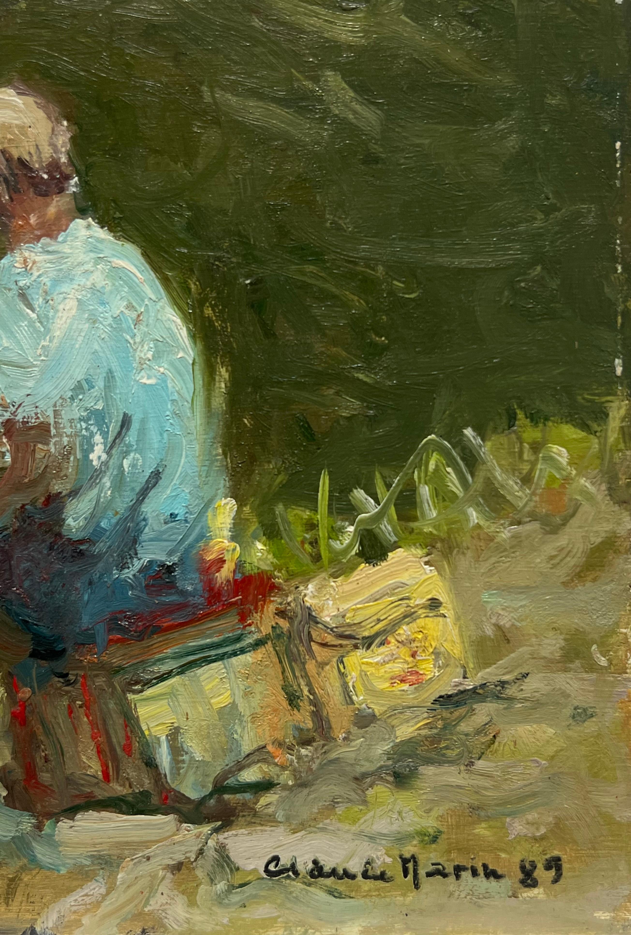 Pescador sentado en la orilla de un río con luz moteada Firmado Óleo impresionista francés - Landscape Painting Negro de Claude Marin