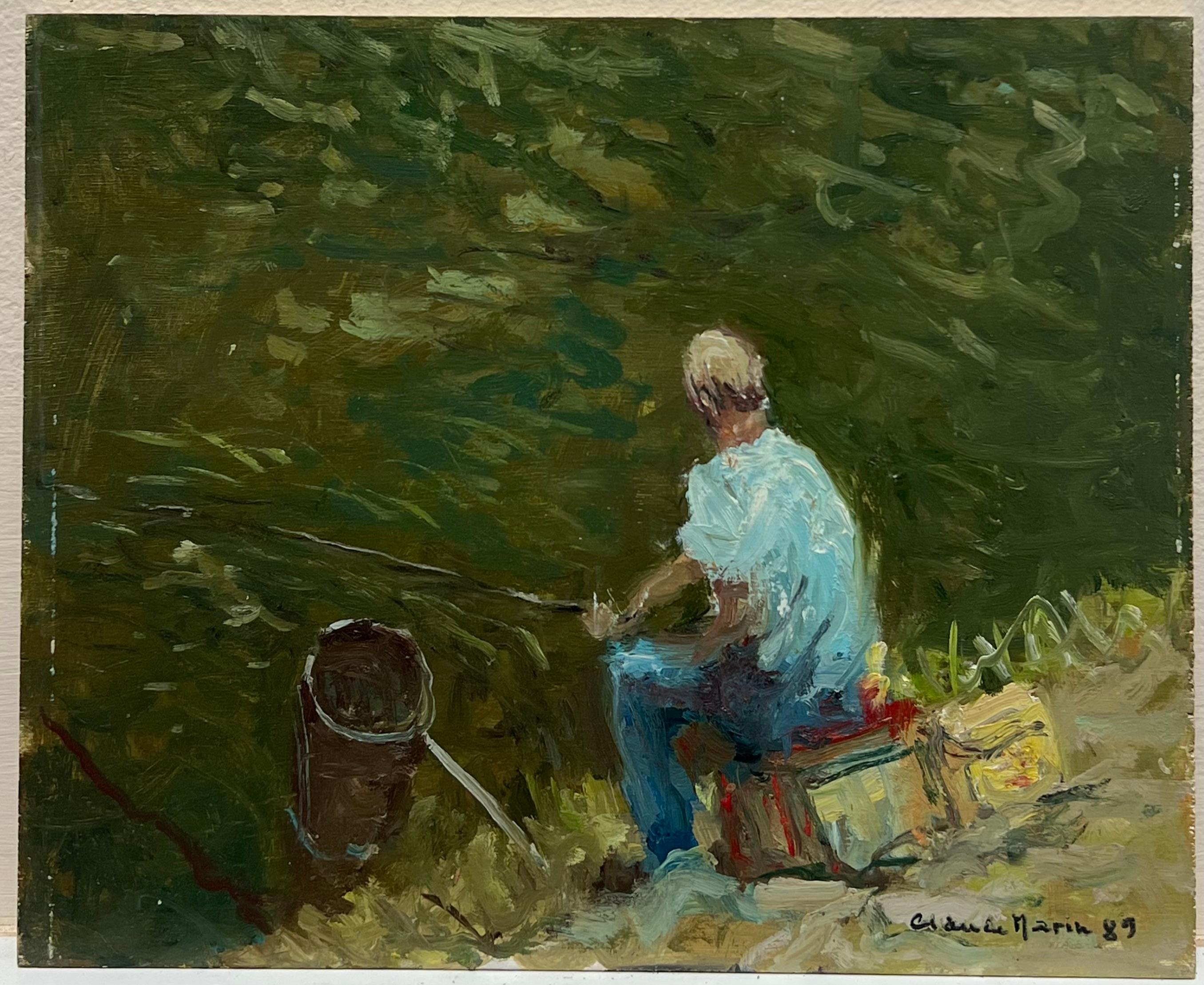 Pescador sentado en la orilla de un río con luz moteada Firmado Óleo impresionista francés en venta 1