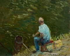Angler Seated on Dappled Light River Bank Signed French Impressionist Oil