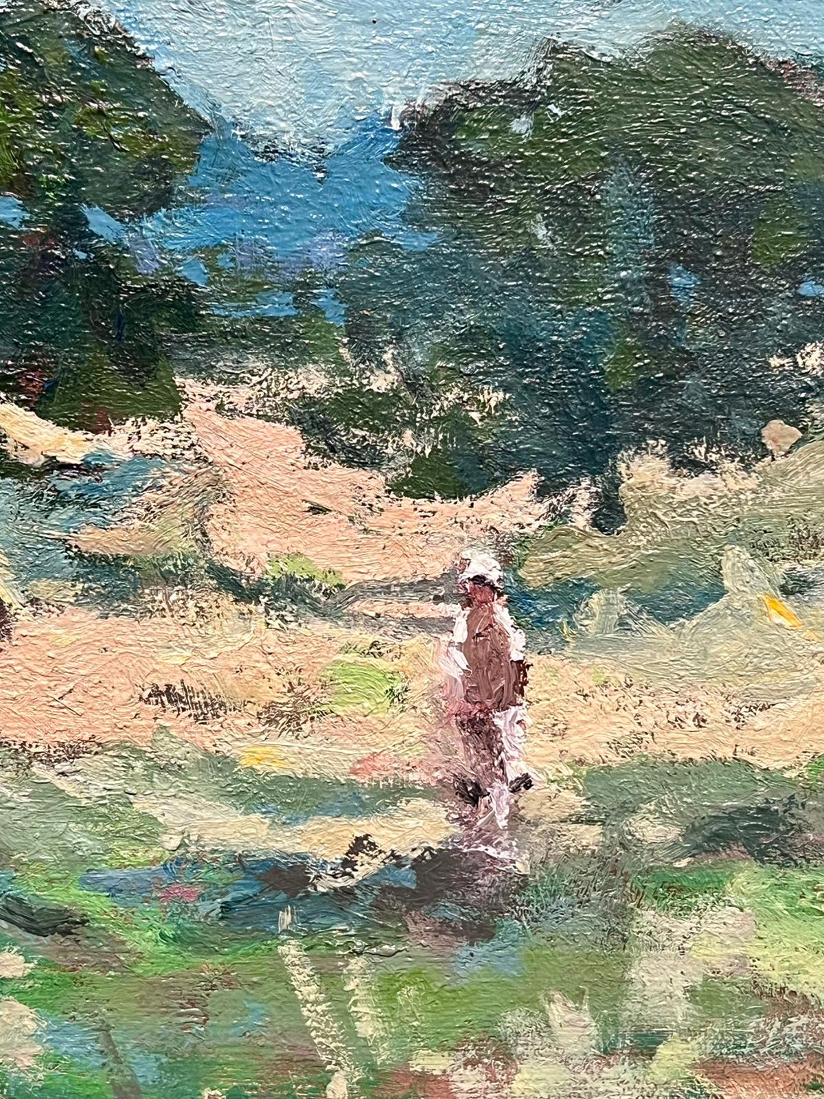 Bright Green Impressionist Landscape with Figure in Dunes Mid 20th Century - Brown Figurative Painting by Claude Marin