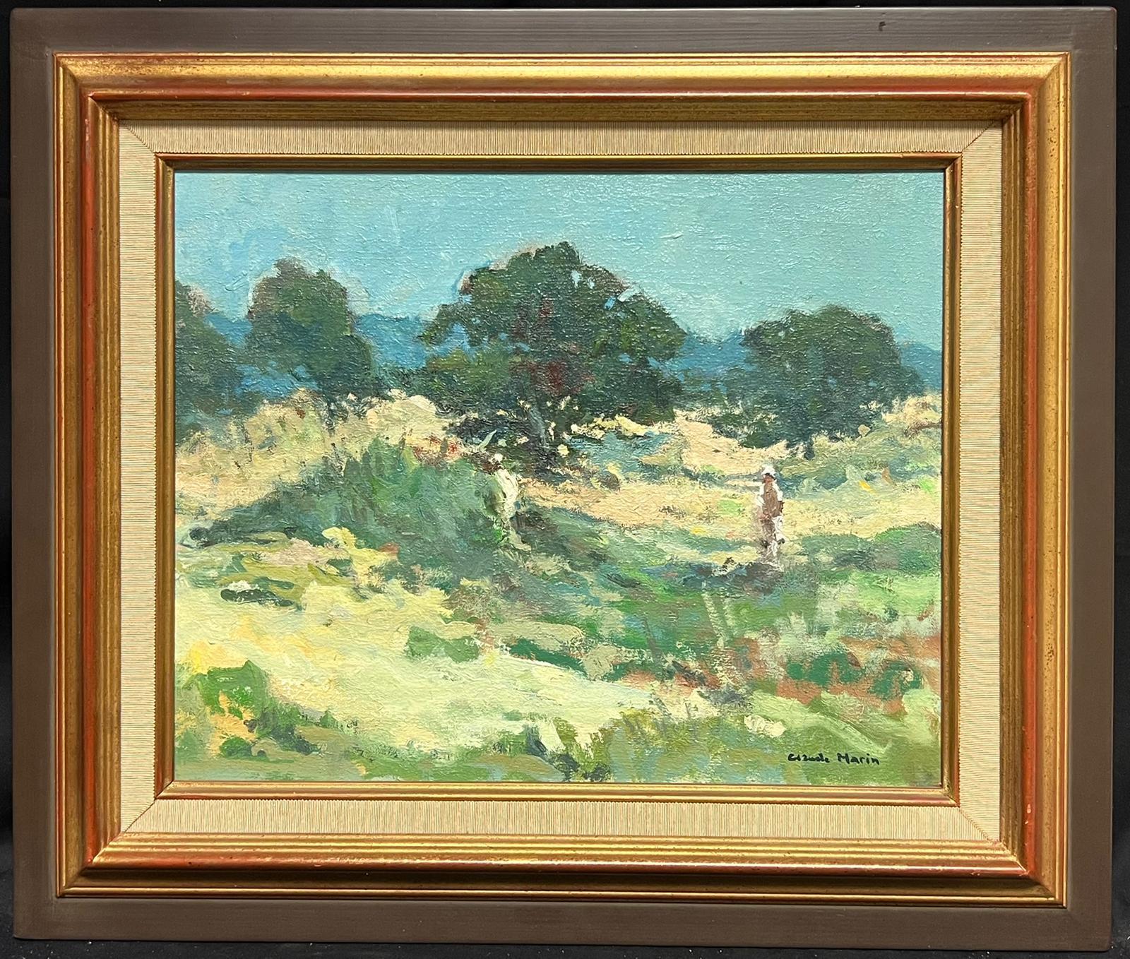 Claude Marin Figurative Painting - Bright Green Impressionist Landscape with Figure in Dunes Mid 20th Century