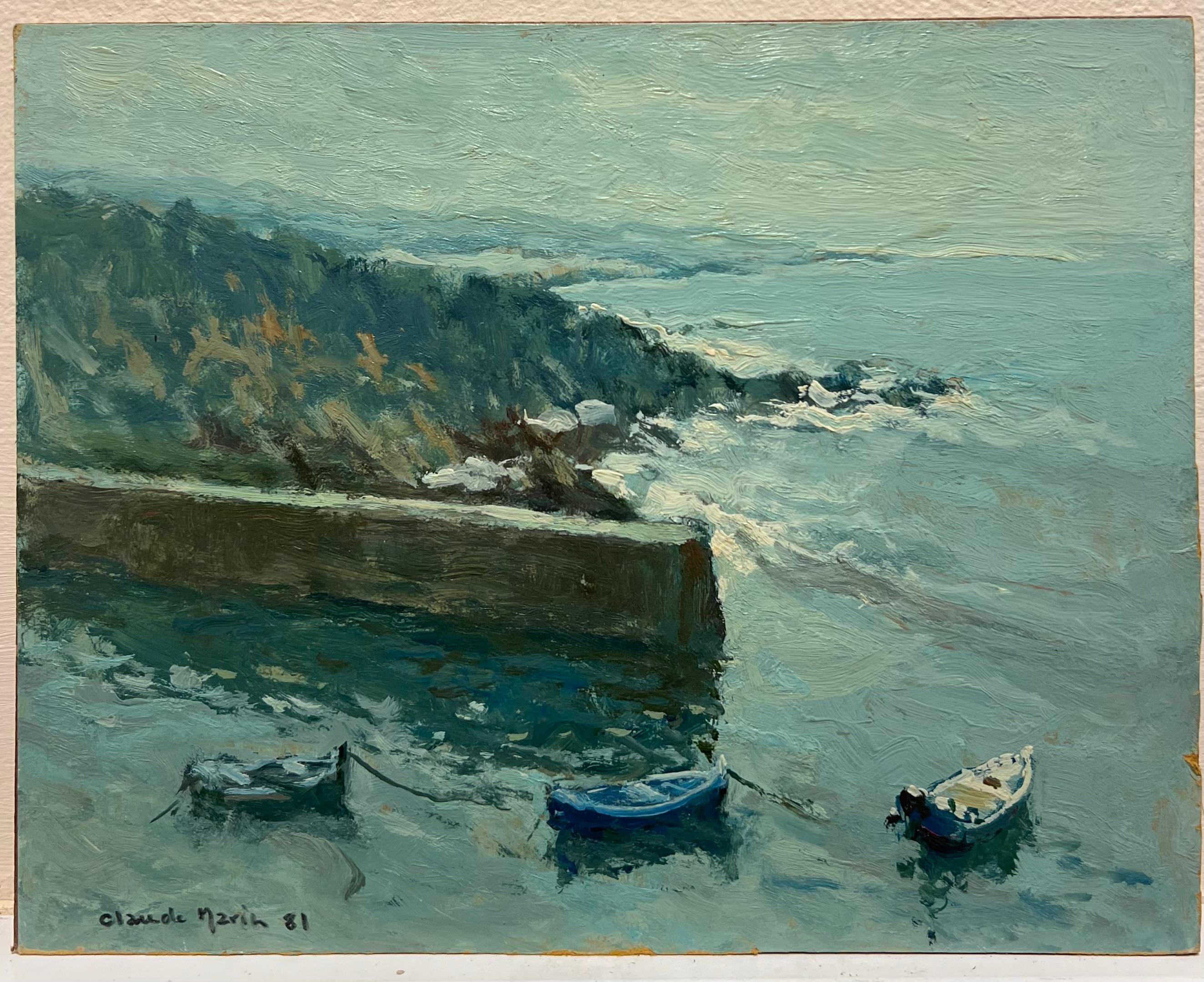 Costa della Bretagna Barche ormeggiate in mare Firmato Olio impressionista francese del 20° secolo - Painting di Claude Marin
