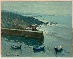 Côte bretonne Bateaux amarrés en mer Huile impressionniste française signée du 20e siècle