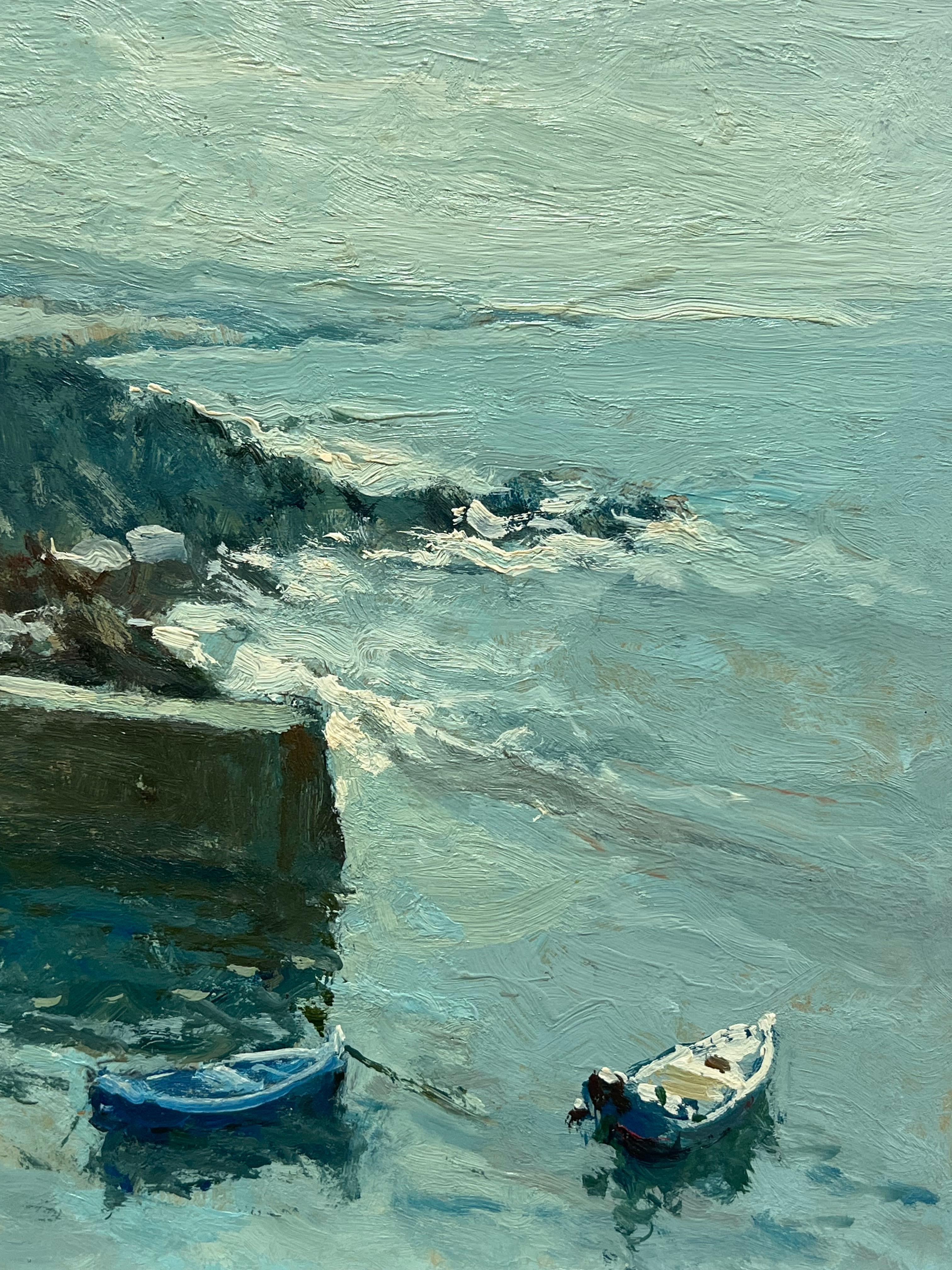 Costa della Bretagna Barche ormeggiate in mare Firmato Olio impressionista francese del 20° secolo - Painting Impressionismo di Claude Marin