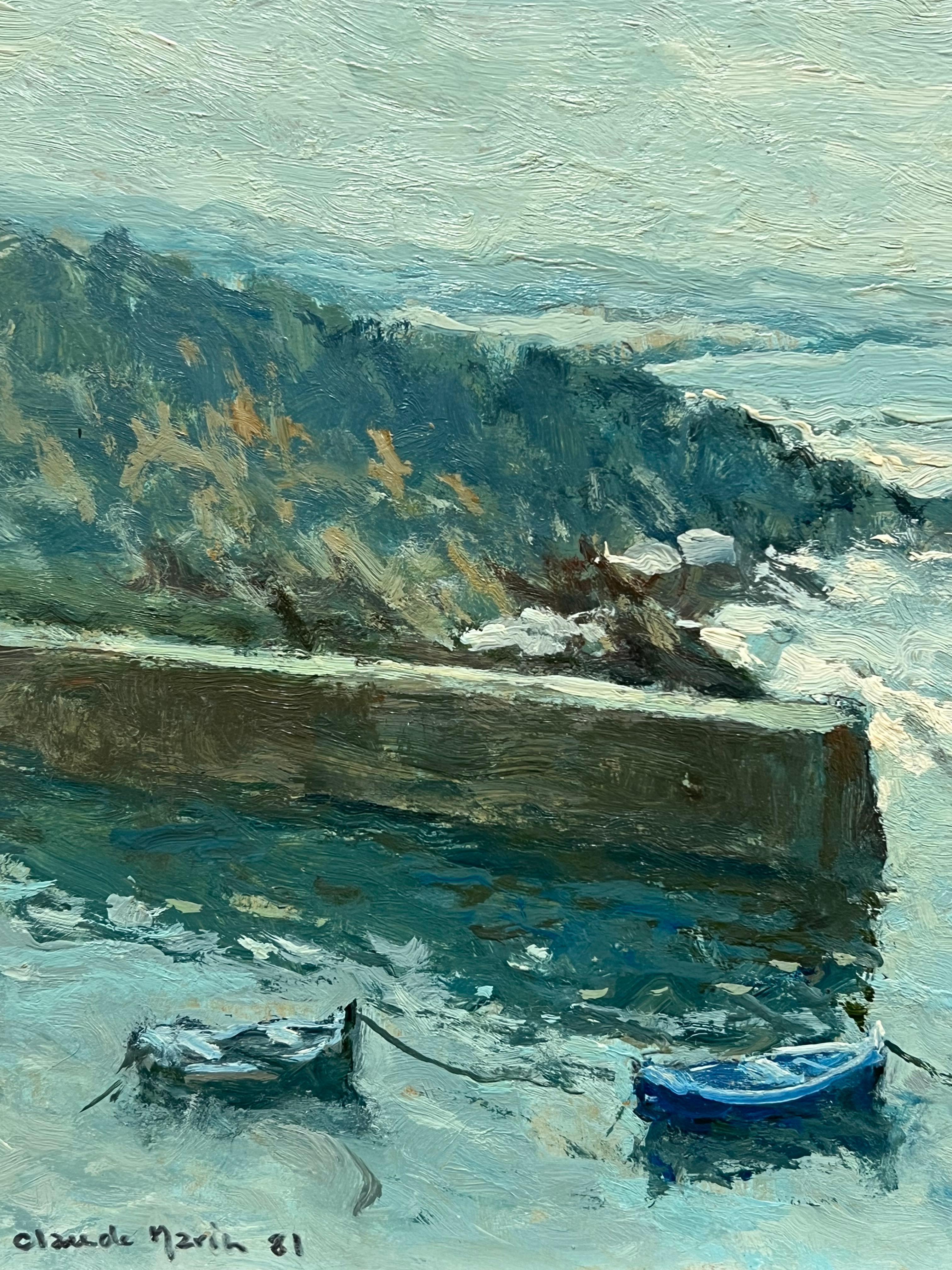 Costa della Bretagna Barche ormeggiate in mare Firmato Olio impressionista francese del 20° secolo - Landscape Painting Grigio di Claude Marin