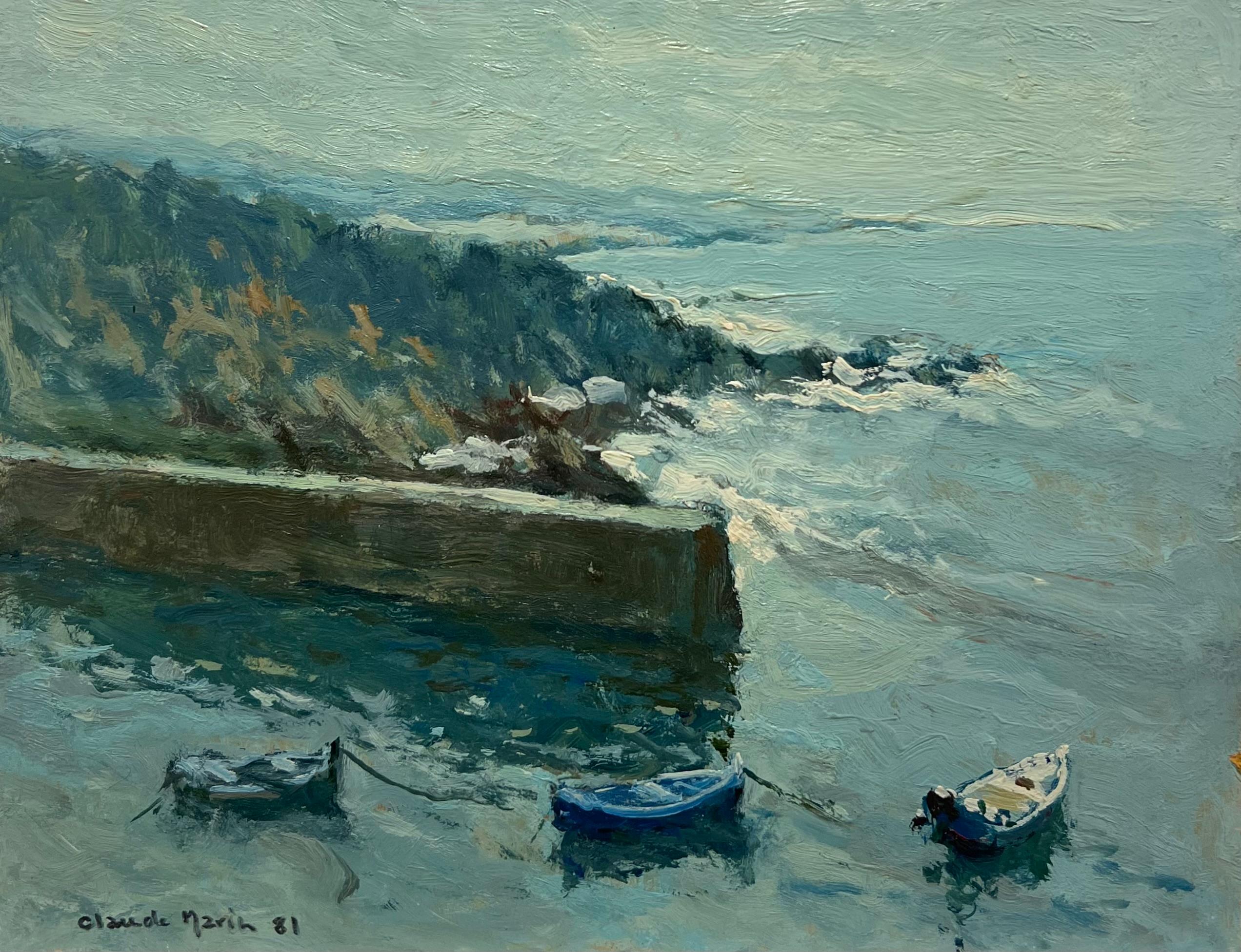 Landscape Painting di Claude Marin - Costa della Bretagna Barche ormeggiate in mare Firmato Olio impressionista francese del 20° secolo