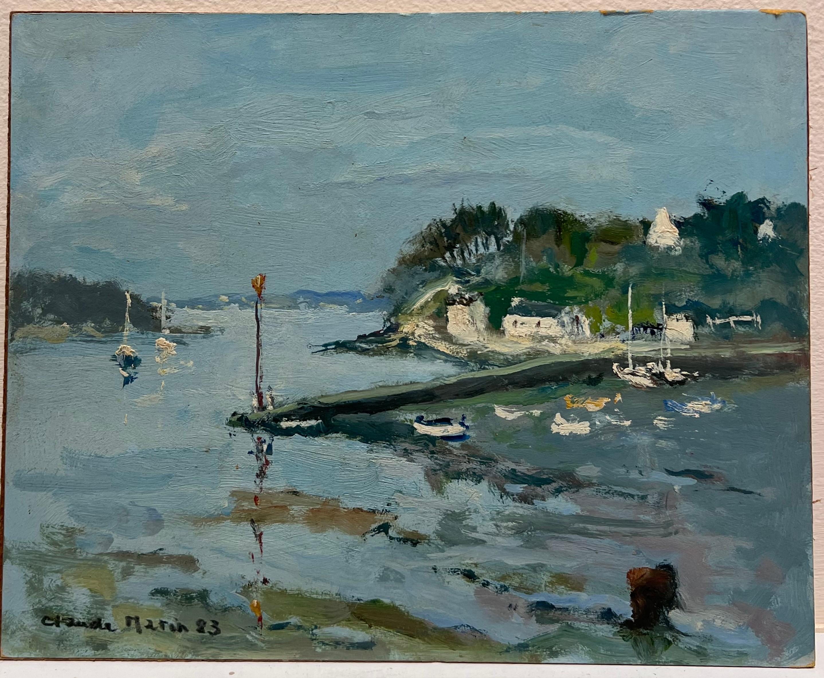 Huile impressionniste française de Bretagne Sleepy Harbour Fishing Boats at Sea - Painting de Claude Marin