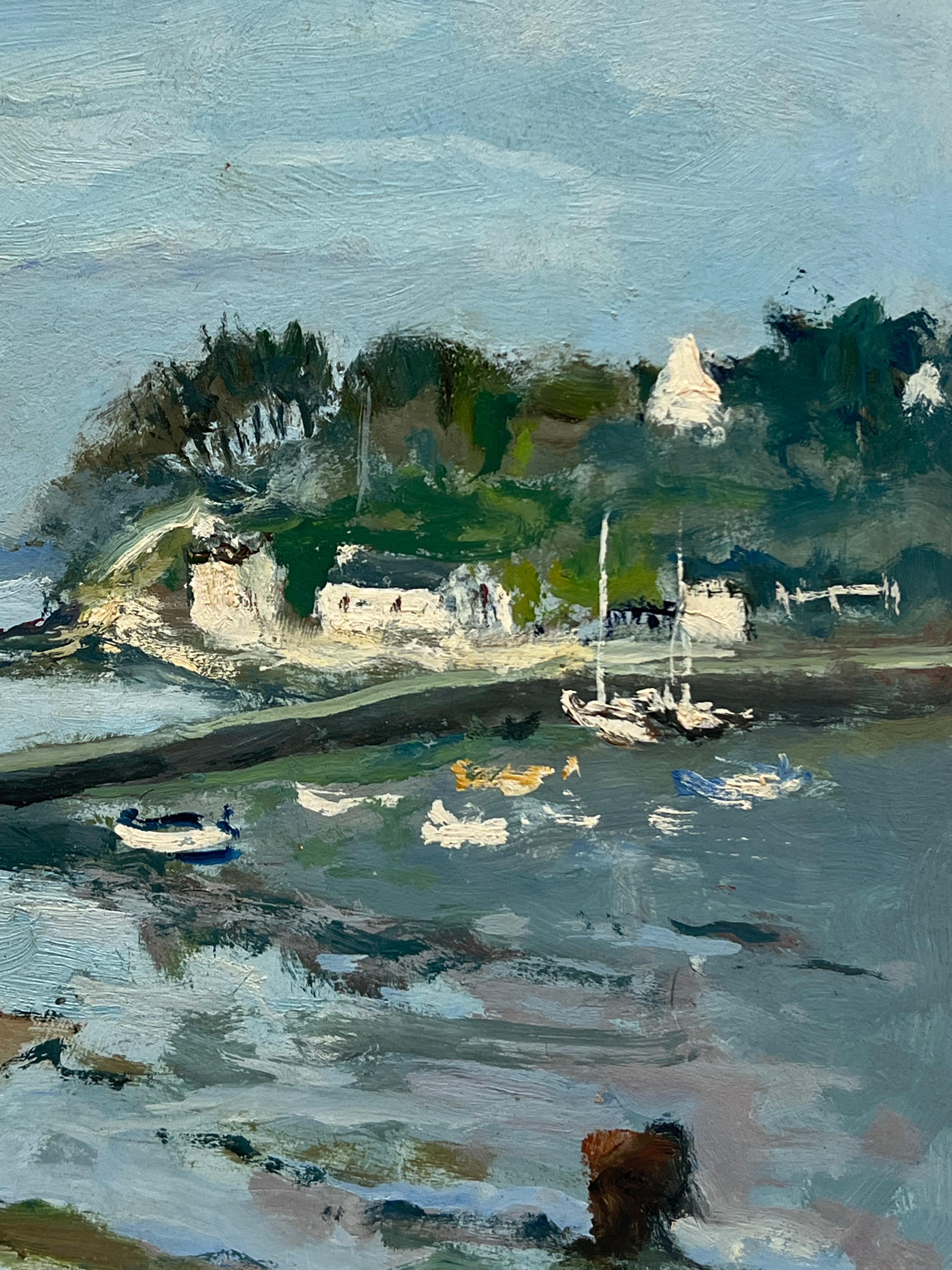 Huile impressionniste française de Bretagne Sleepy Harbour Fishing Boats at Sea - Impressionnisme Painting par Claude Marin