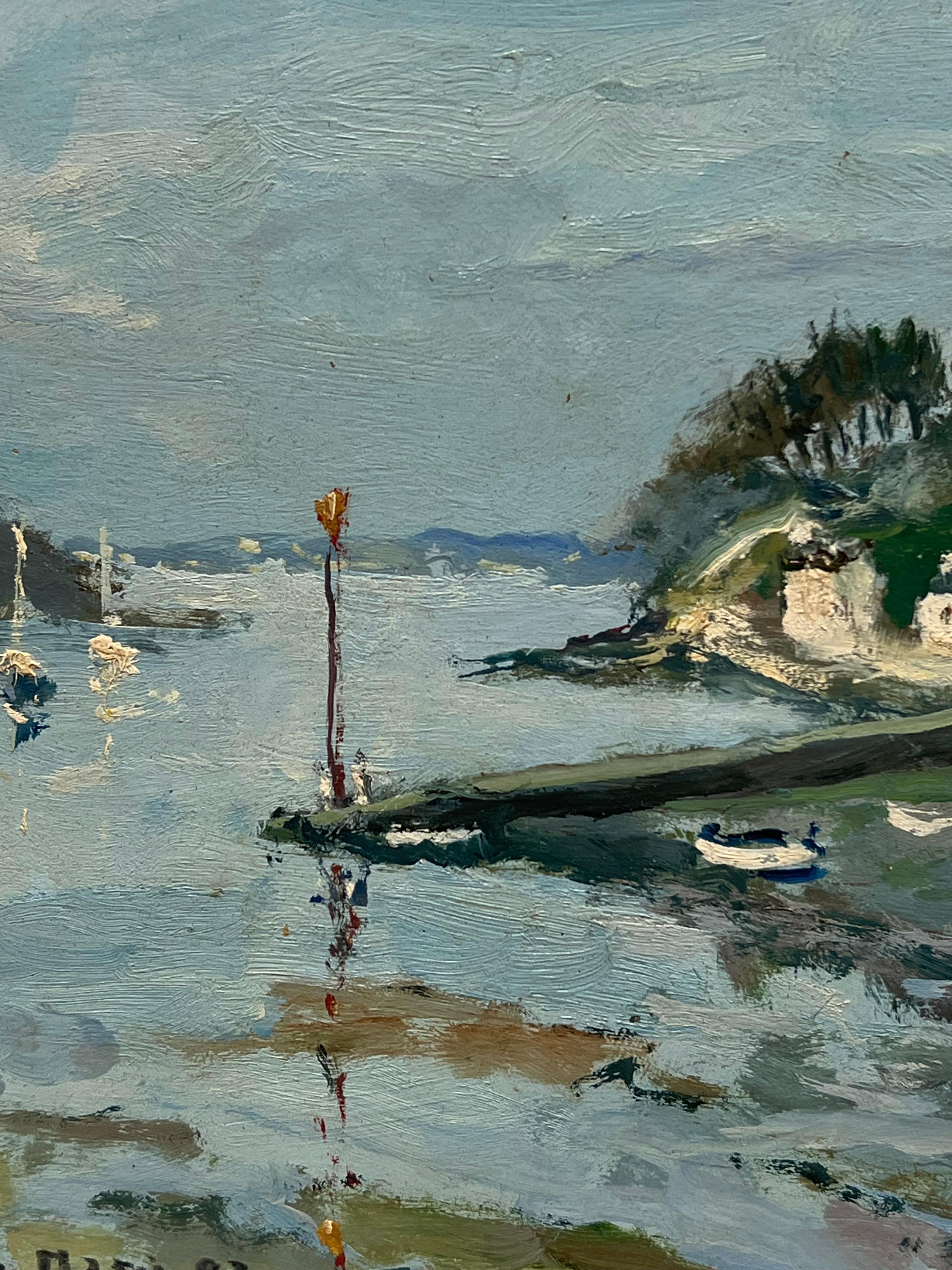 Huile impressionniste française de Bretagne Sleepy Harbour Fishing Boats at Sea - Gris Landscape Painting par Claude Marin