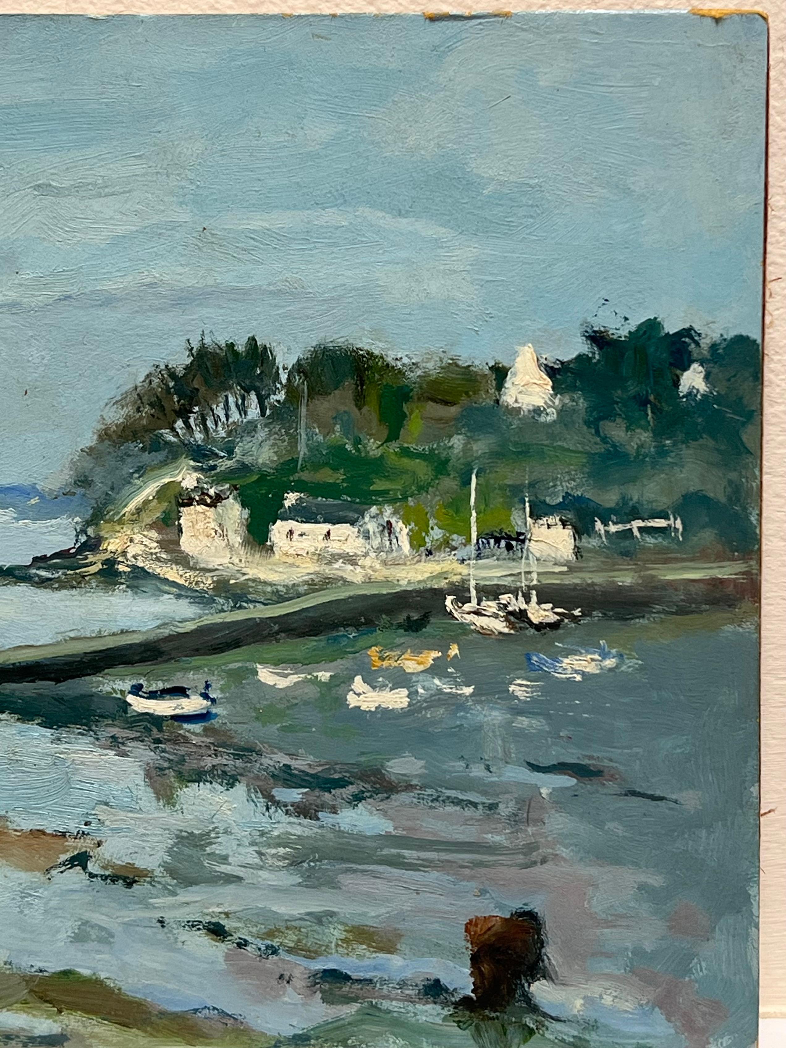 Huile impressionniste française de Bretagne Sleepy Harbour Fishing Boats at Sea en vente 1