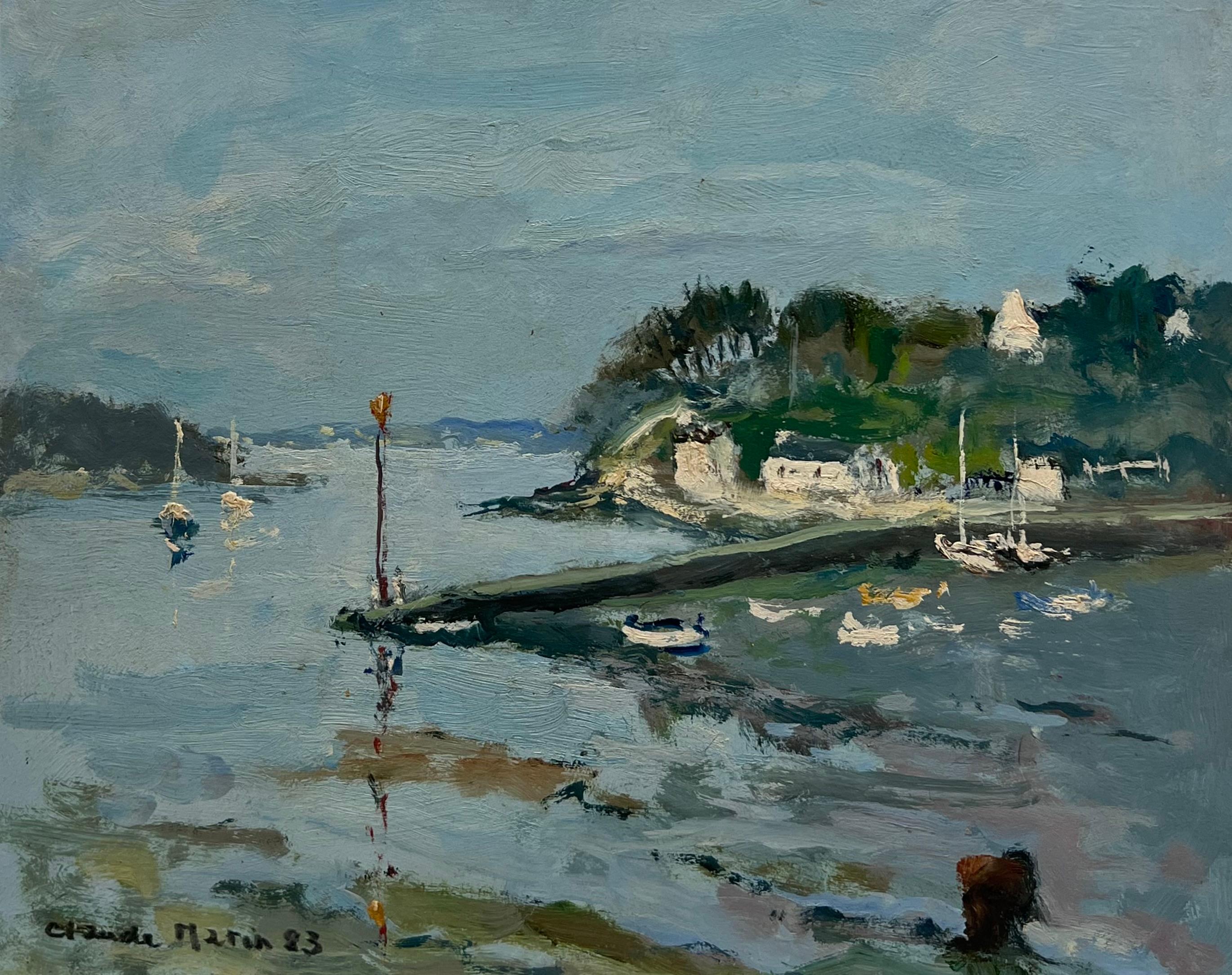 Landscape Painting Claude Marin - Huile impressionniste française de Bretagne Sleepy Harbour Fishing Boats at Sea