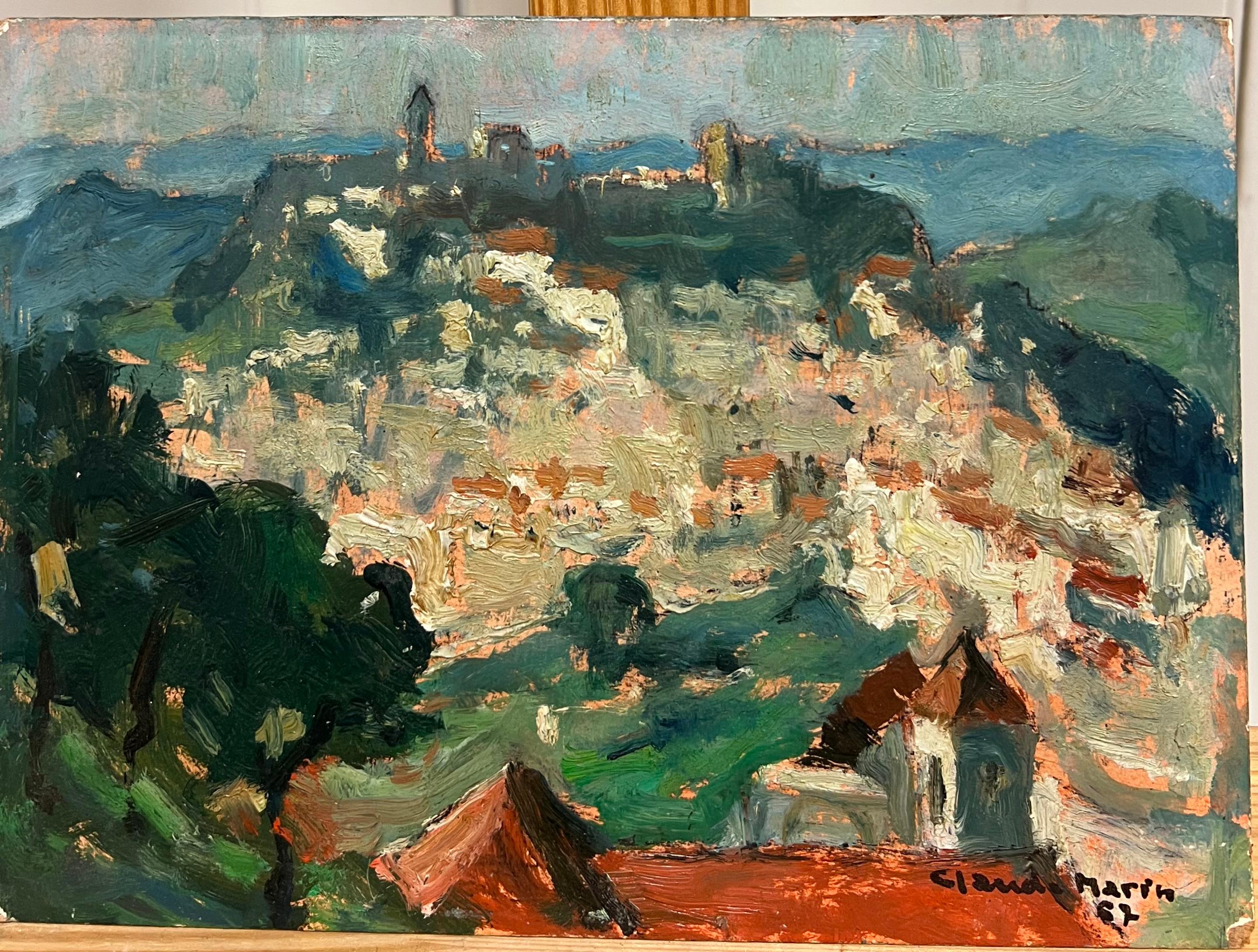 Casares Spagna, città in cima alla collina, arroccata in un paesaggio olio impressionista francese del 1960 - Painting di Claude Marin