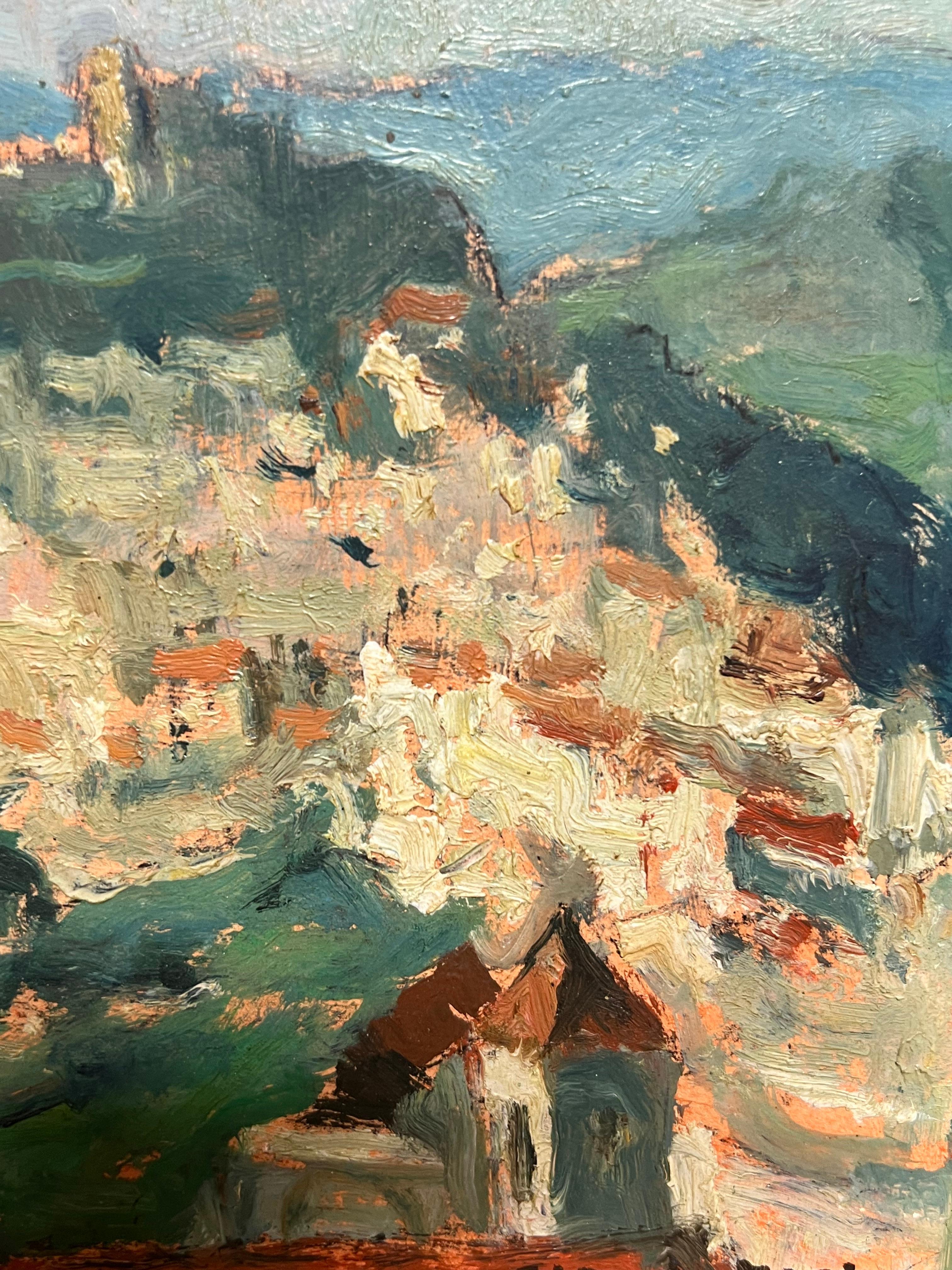 Casares Spagna, città in cima alla collina, arroccata in un paesaggio olio impressionista francese del 1960 - Painting Impressionismo di Claude Marin