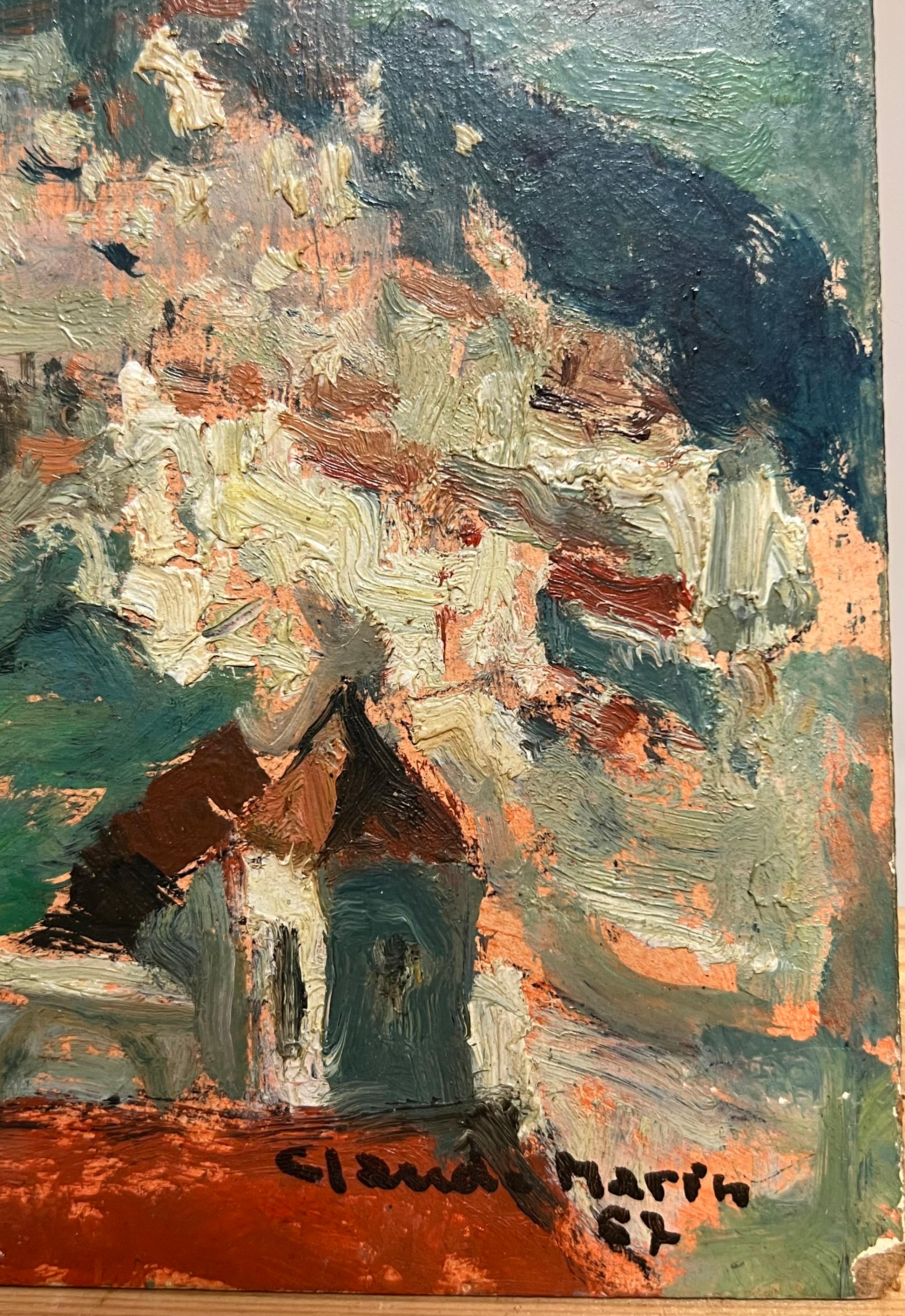 Casares Spagna, città in cima alla collina, arroccata in un paesaggio olio impressionista francese del 1960 - Landscape Painting Grigio di Claude Marin