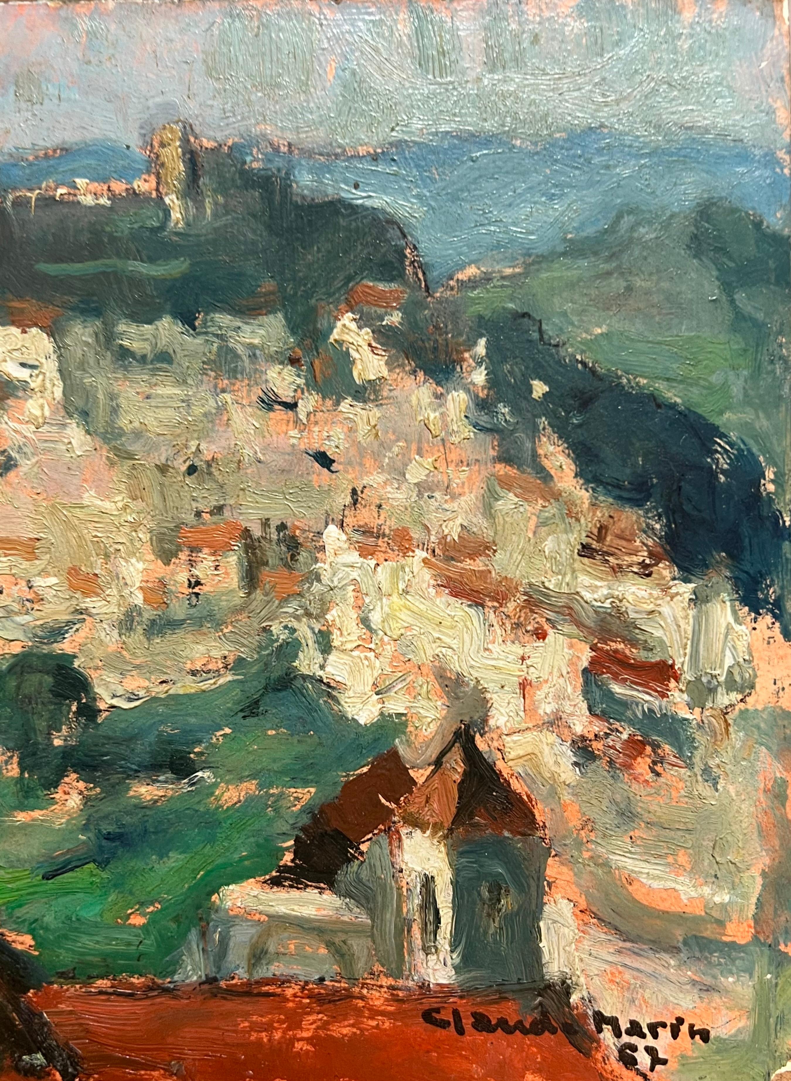 Casares Spagna, città in cima alla collina, arroccata in un paesaggio olio impressionista francese del 1960 in vendita 1