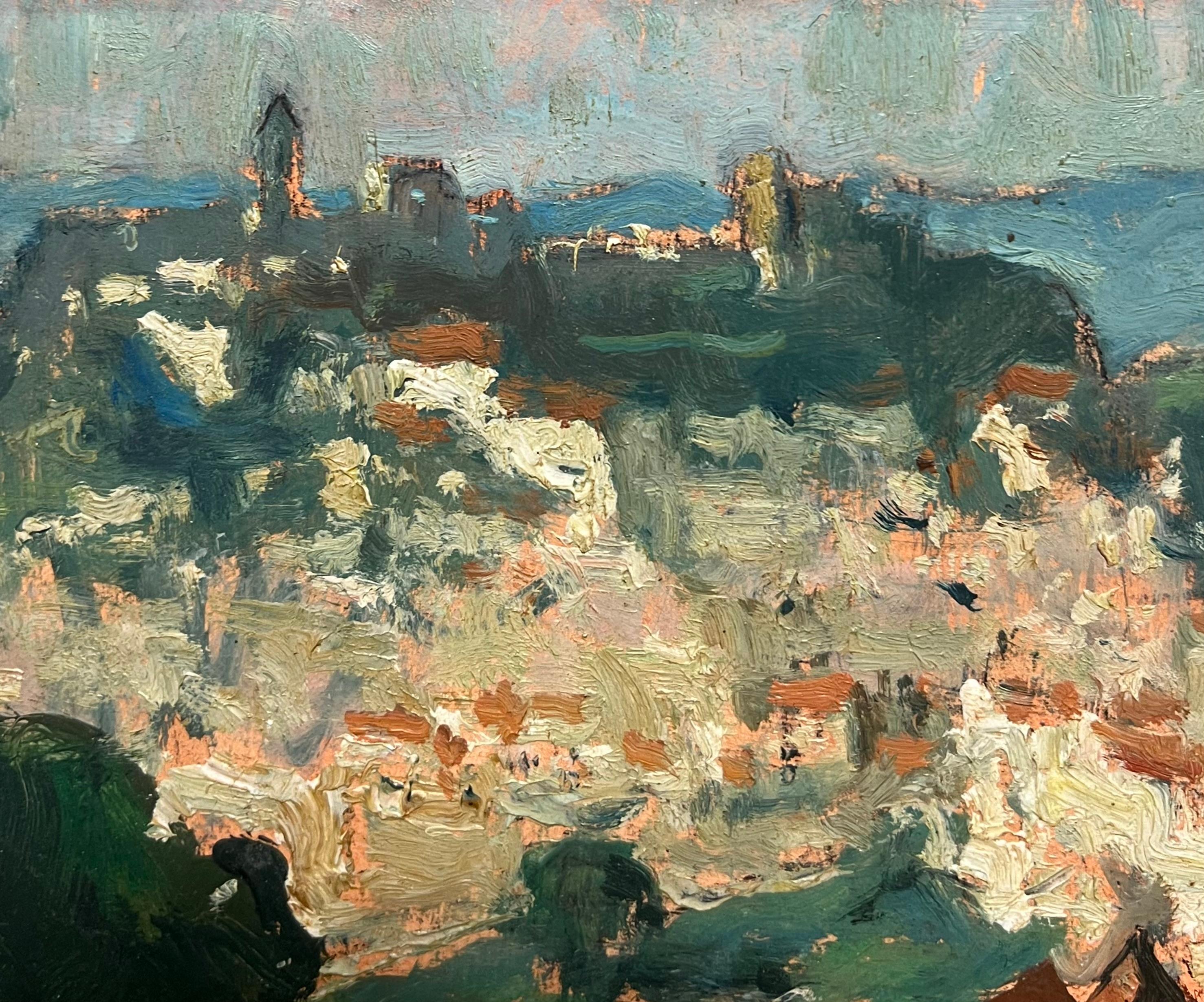 Casares Spagna, città in cima alla collina, arroccata in un paesaggio olio impressionista francese del 1960 in vendita 3