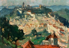 Casares España Pueblo encaramado en un paisaje Años 60 Óleo impresionista francés