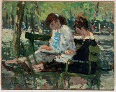Huile signée par un impressionniste français du 20e siècle : "Dappled Light Ladies in Paris Park".