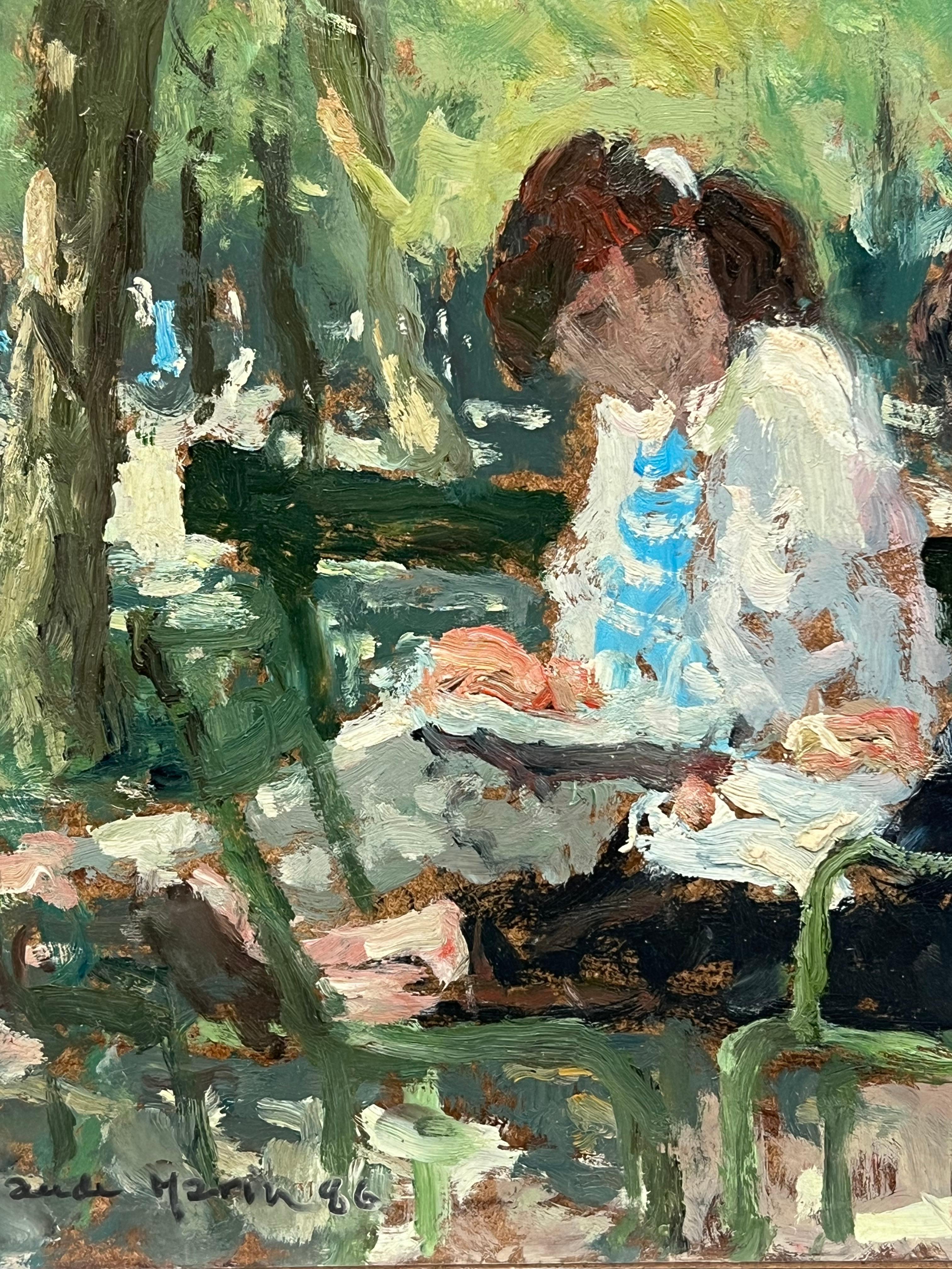 Luz moteada Damas en el parque de París Óleo firmado por un impresionista francés del siglo XX - Landscape Painting Negro de Claude Marin