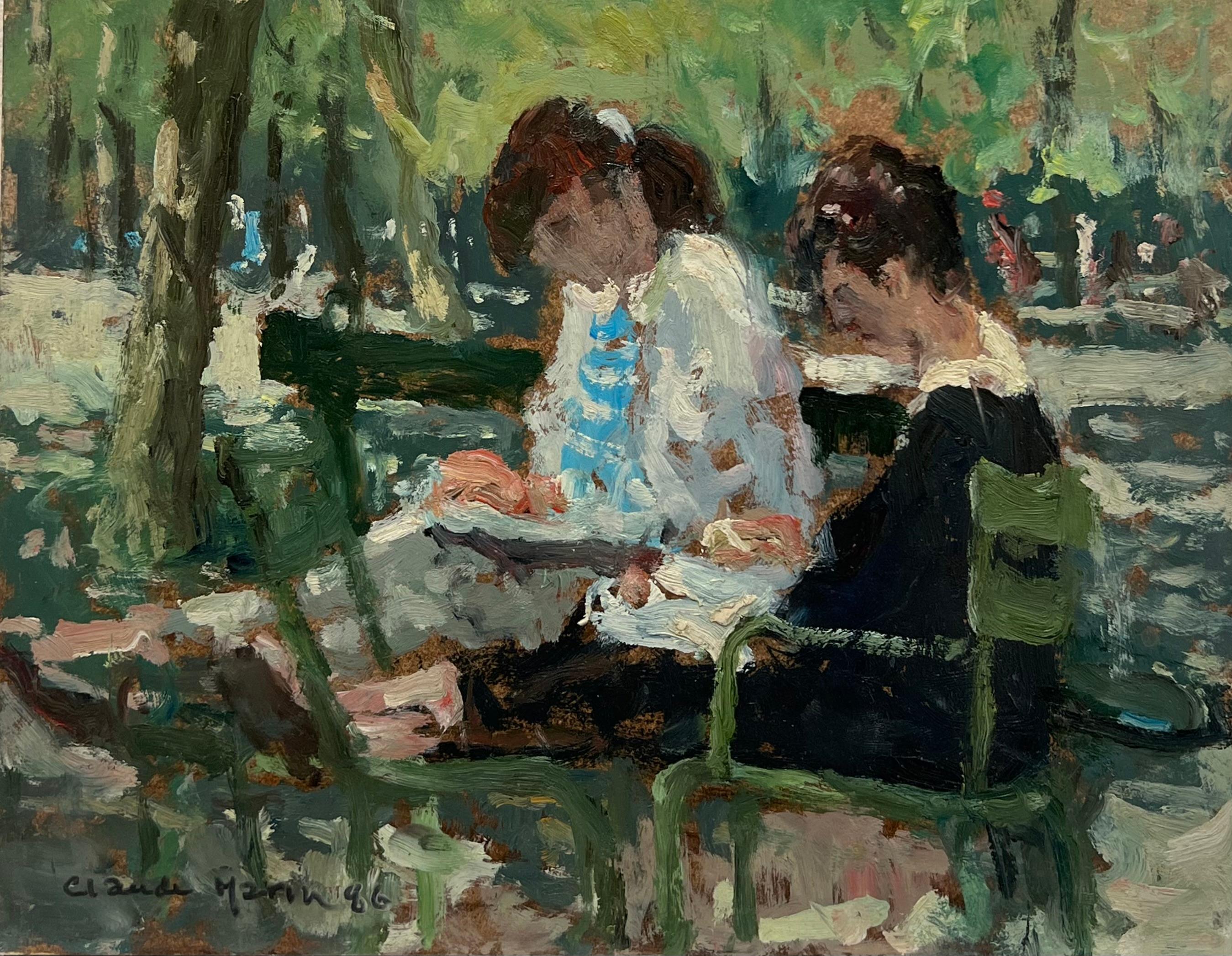 Landscape Painting de Claude Marin - Luz moteada Damas en el parque de París Óleo firmado por un impresionista francés del siglo XX