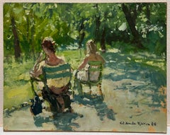Figures sur chaises dans un parc parisien signé des années 1980 impressionniste française