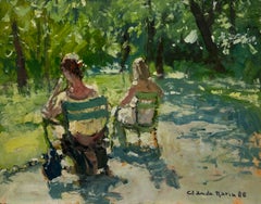 Figures sur chaises dans un parc parisien signé des années 1980 impressionniste française