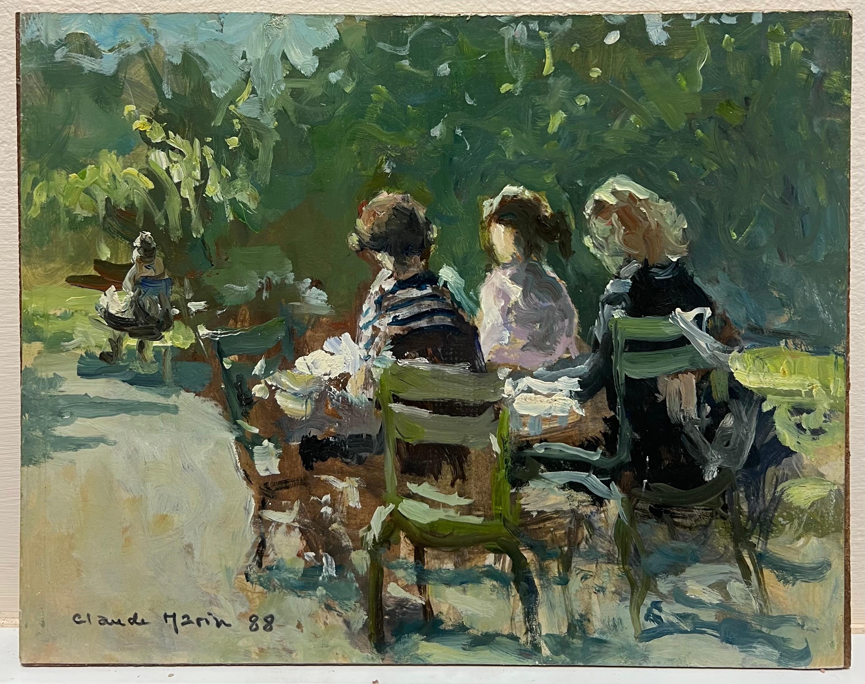 Figuras sentadas Parque parisino soleado Años 80 Óleo impresionista francés firmado - Painting de Claude Marin