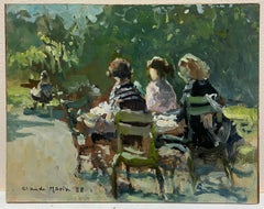 Figures Seated Sunny Parisian Park 1980's Signed French Impressionist Oil