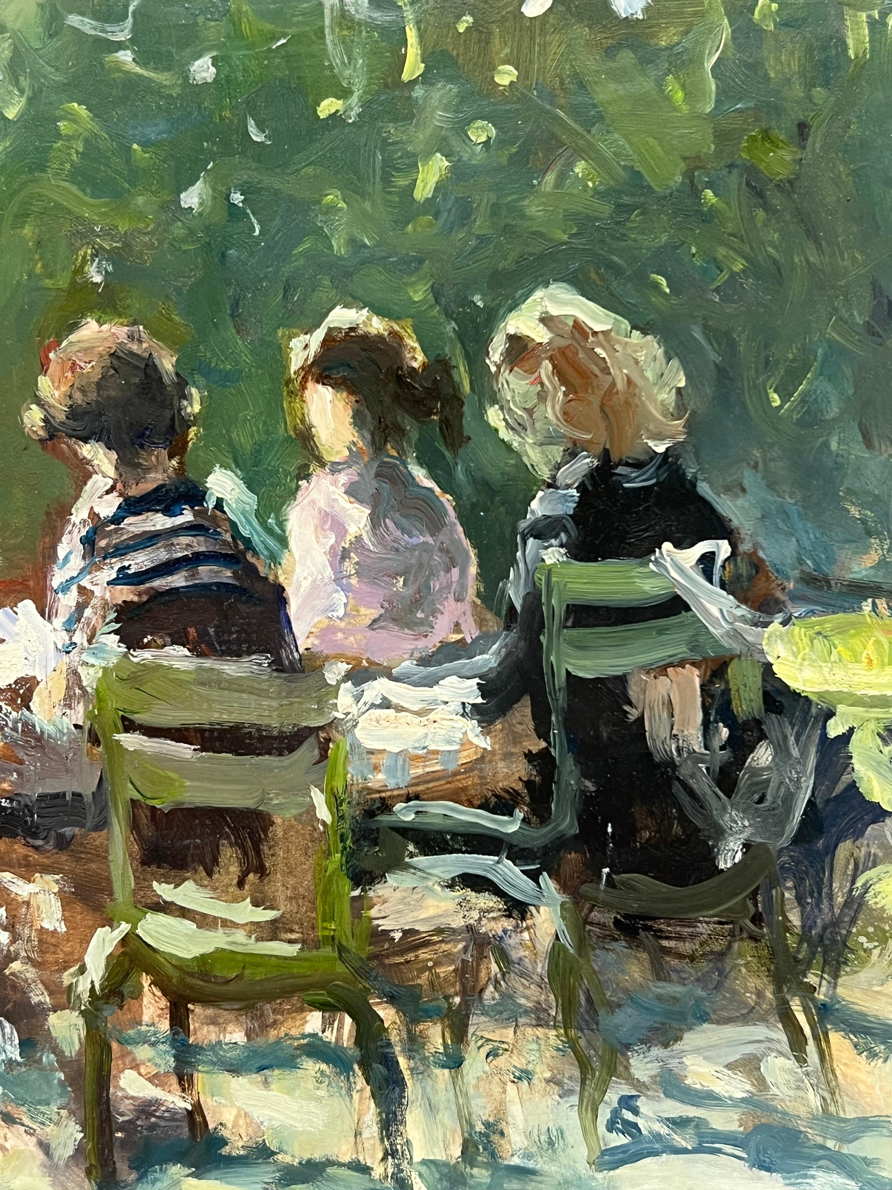 Figuras sentadas Parque parisino soleado Años 80 Óleo impresionista francés firmado - Painting Impresionista de Claude Marin