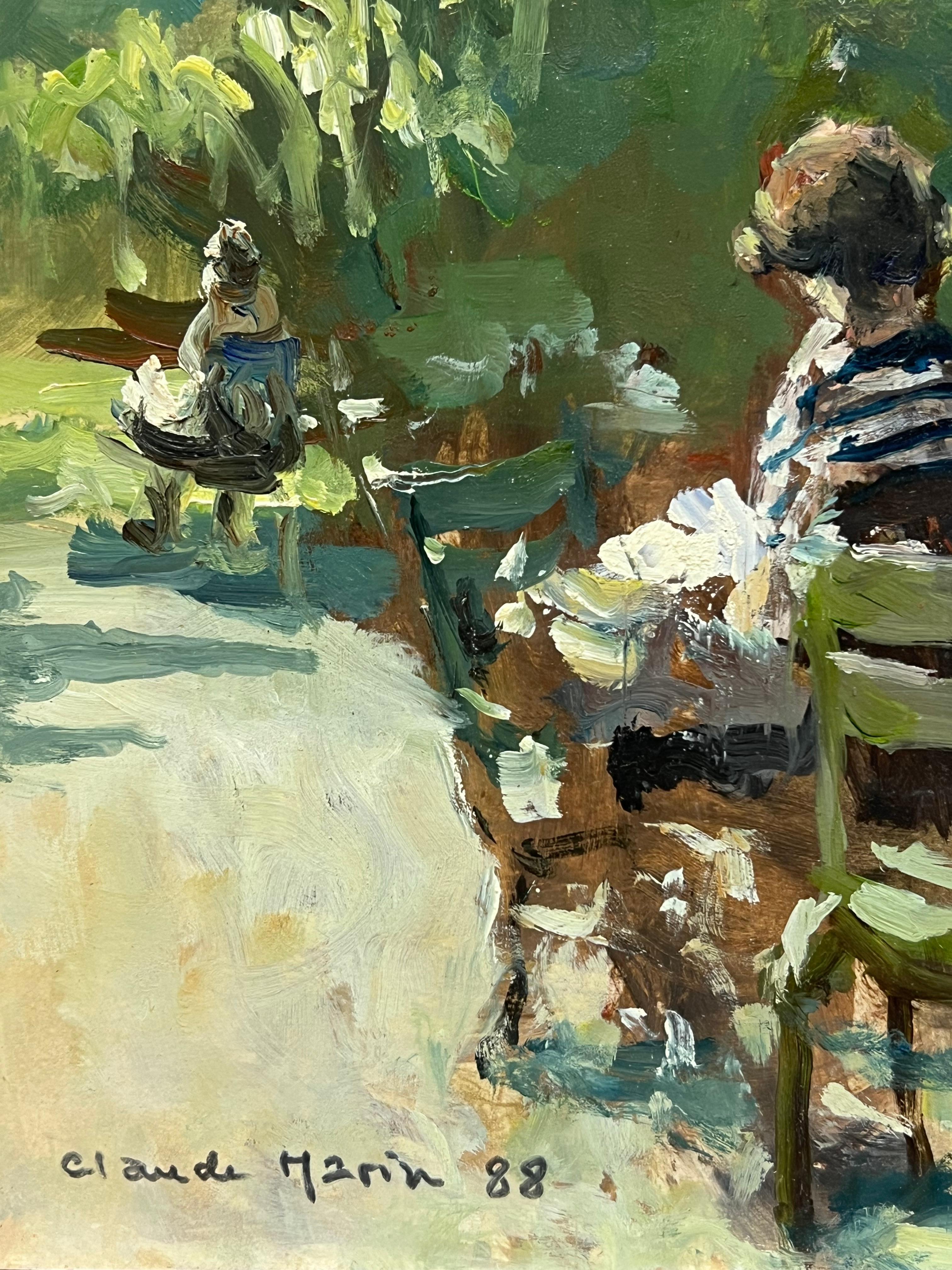 El Parque de París
de Claude Marin (francés 1914-2001)
firmado y fechado 88
óleo sobre cartulina de artista pegada sobre tabla, sin enmarcar
tablero: 7,5 x 9,5 pulgadas
Procedencia: colección privada, París, Francia
Estado: muy buen