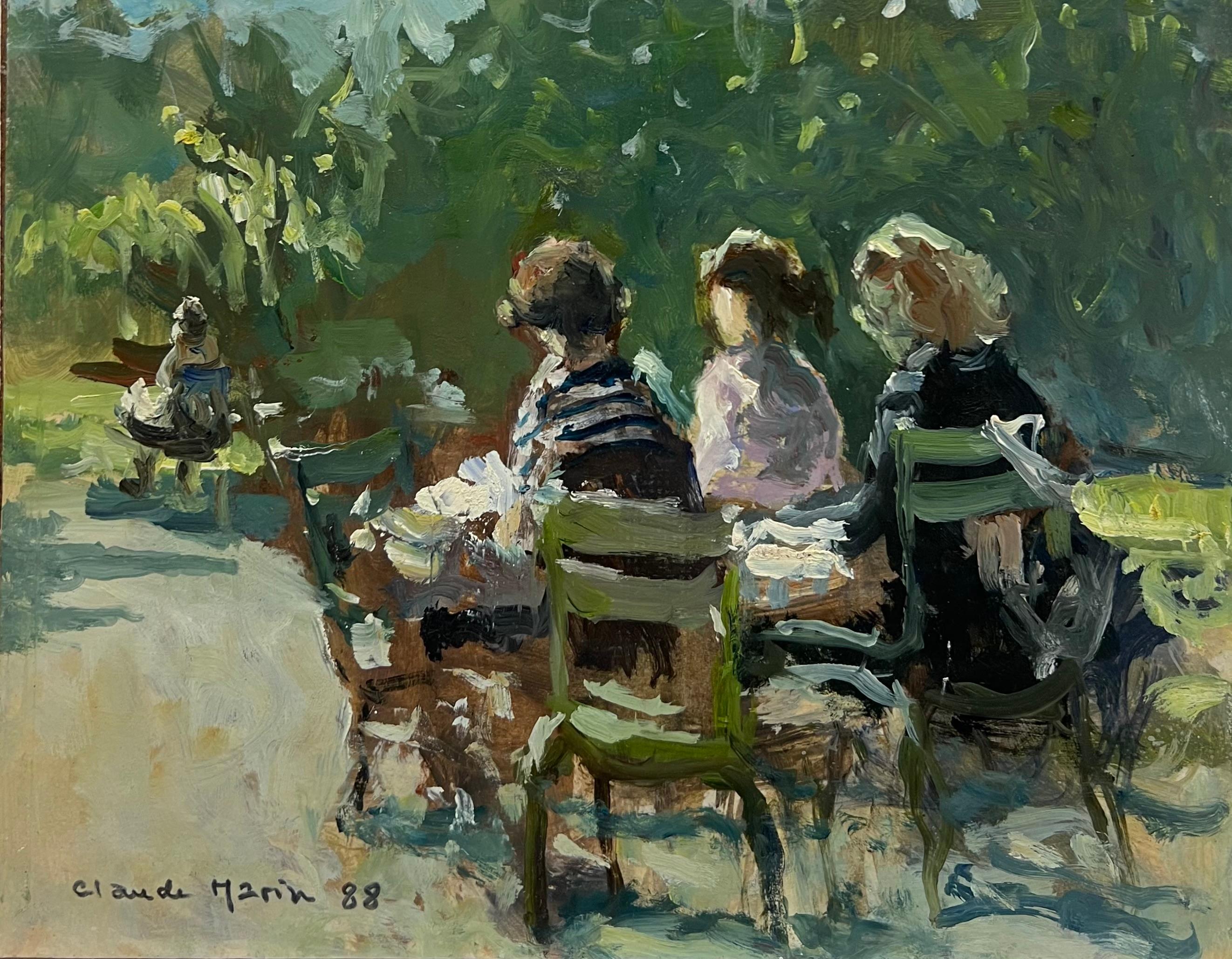 Landscape Painting de Claude Marin - Figuras sentadas Parque parisino soleado Años 80 Óleo impresionista francés firmado