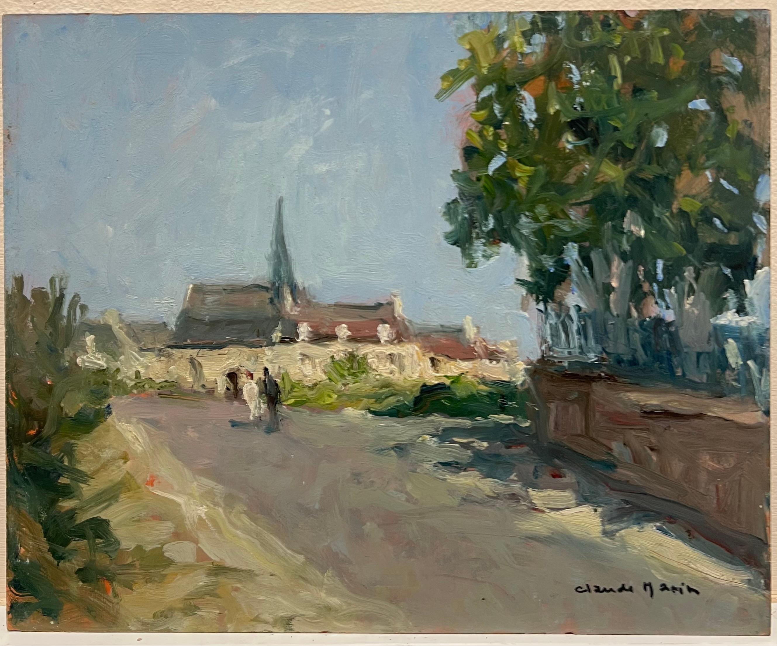 Figures Walking French Village Lane Signed 20thC French Impressionist Oil - Painting by Claude Marin