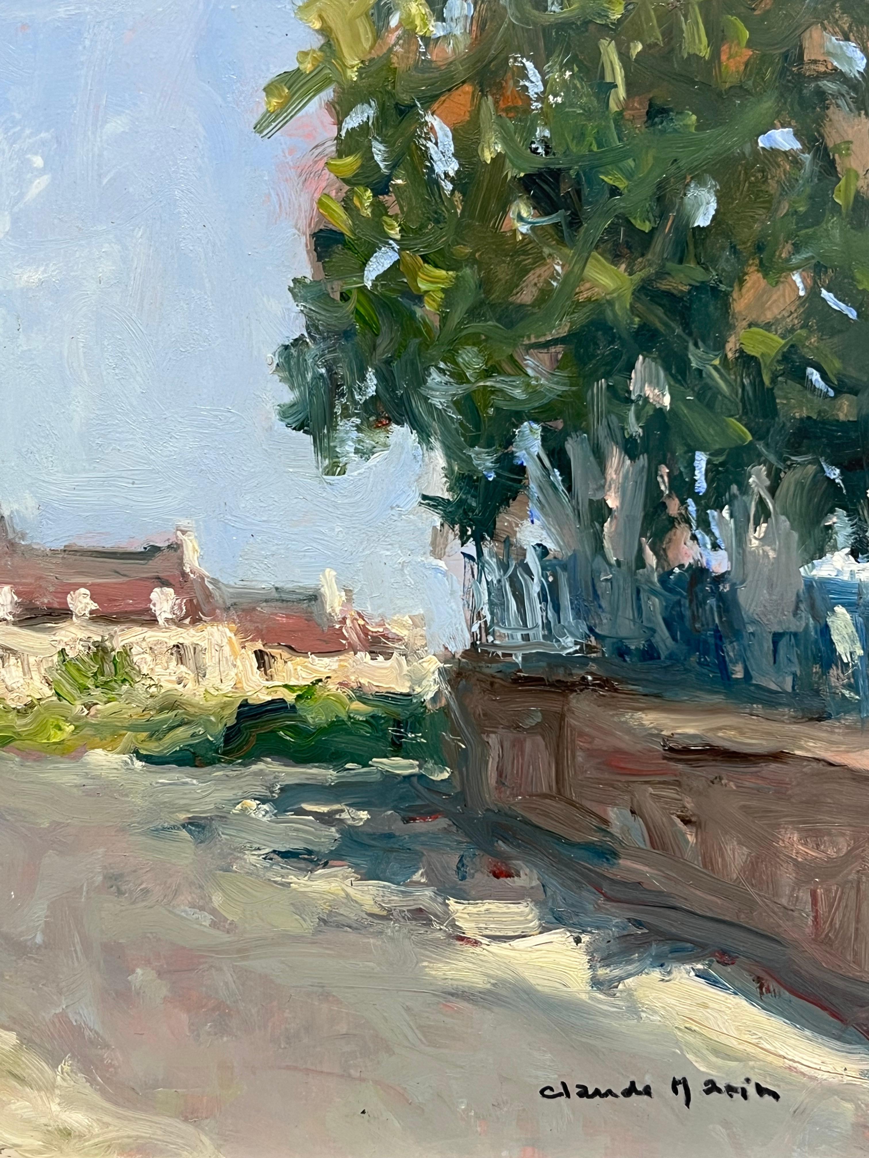Figures Walking French Village Lane Signed 20thC French Impressionist Oil - Gray Landscape Painting by Claude Marin