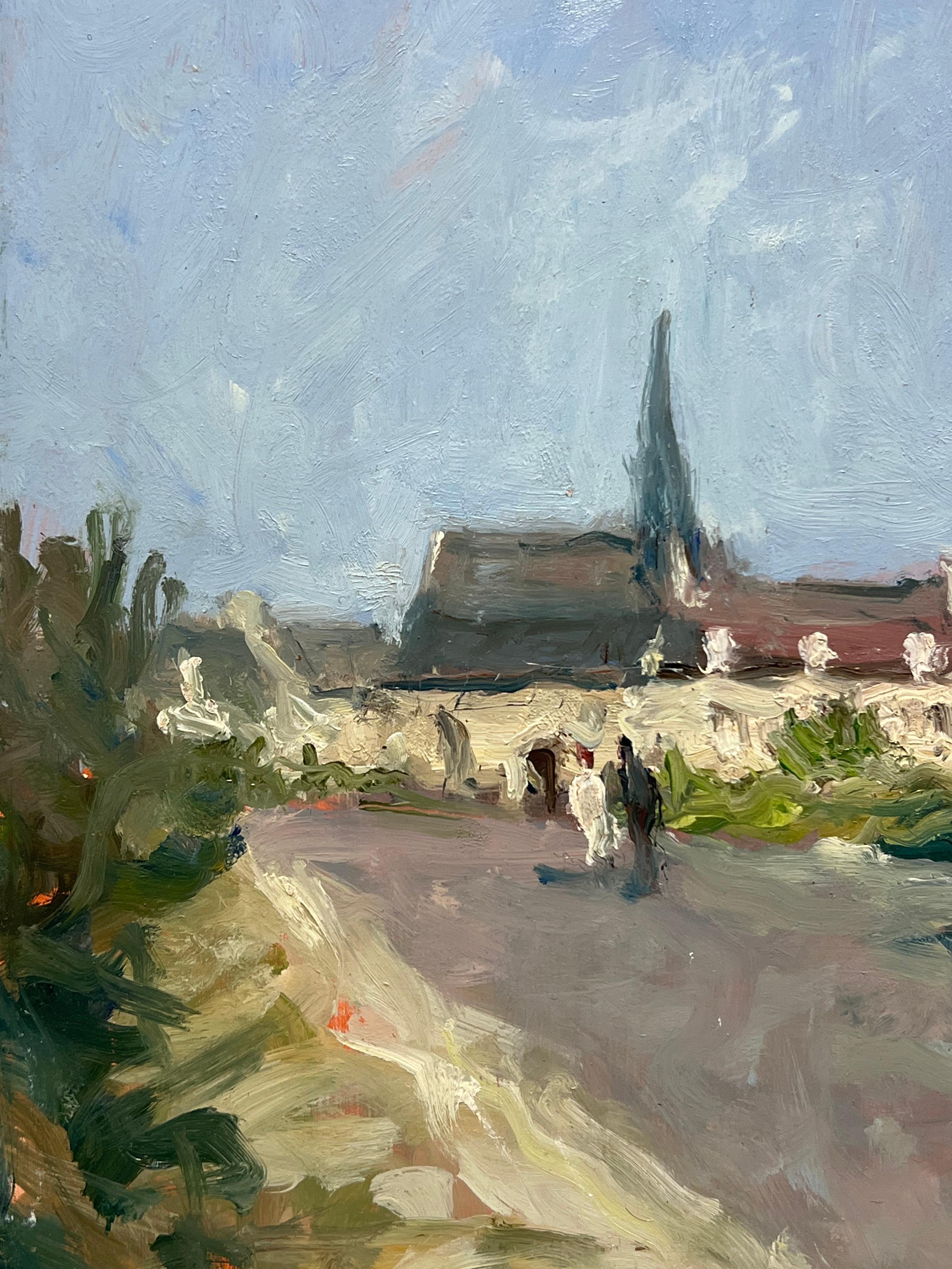 Figures Walking French Village Lane Signed 20thC French Impressionist Oil For Sale 1