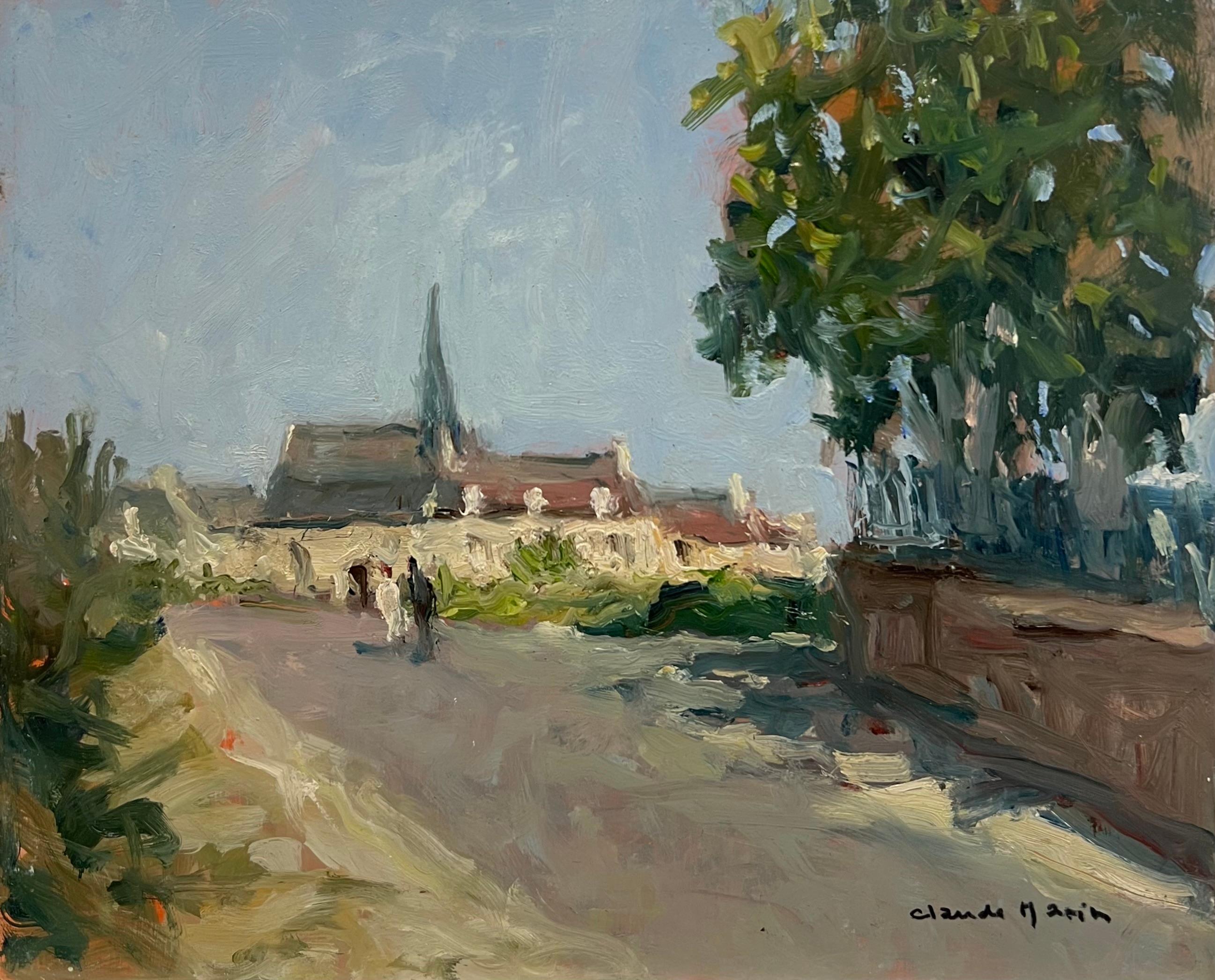 Claude Marin Landscape Painting - Figures Walking French Village Lane Signed 20thC French Impressionist Oil