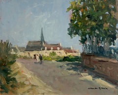 Figures Walking French Village Lane Signed 20thC French Impressionist Oil