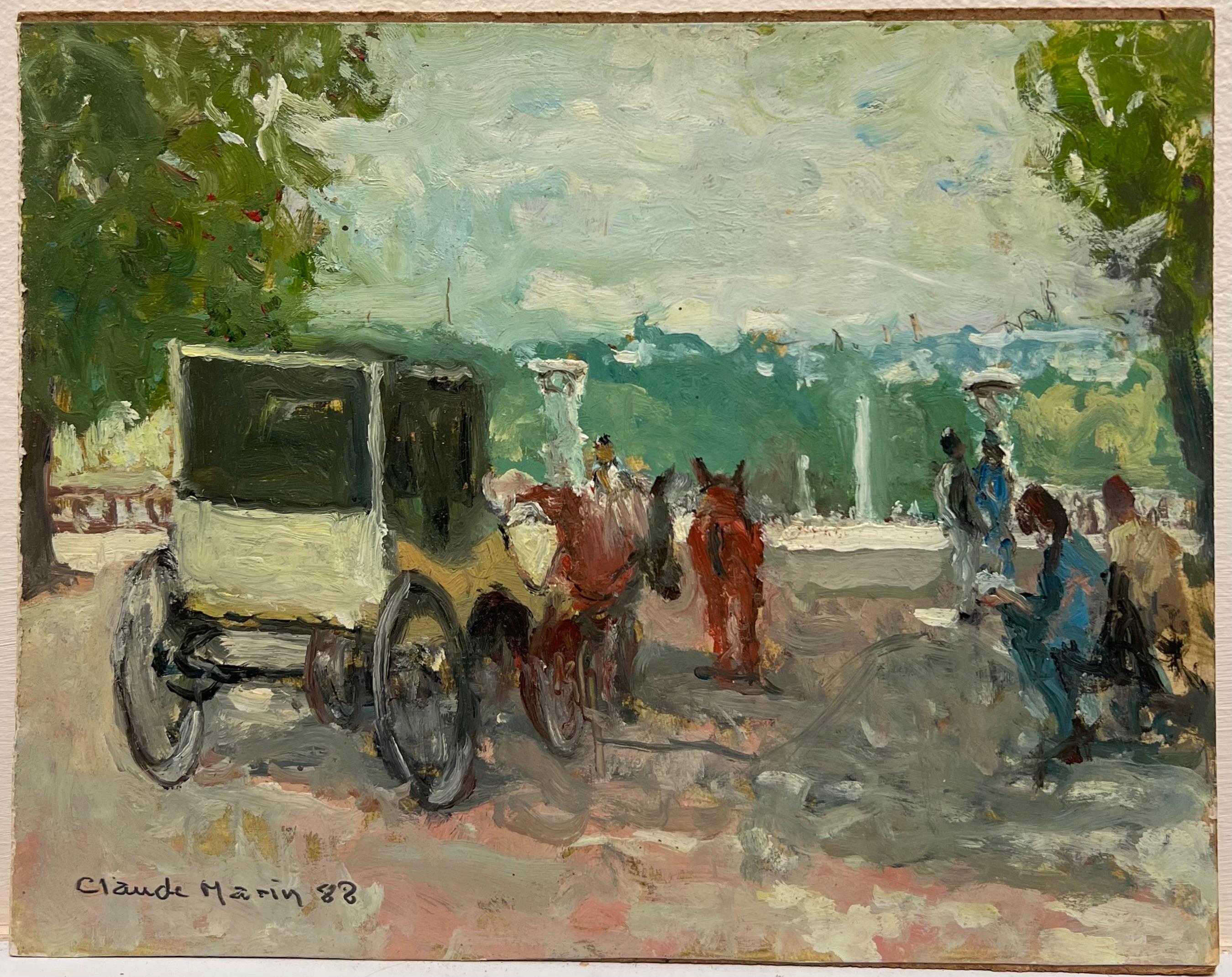 Caballo y carruaje Parque parisino ocupado Siglo XX Impresionista francés Óleo firmado - Painting de Claude Marin