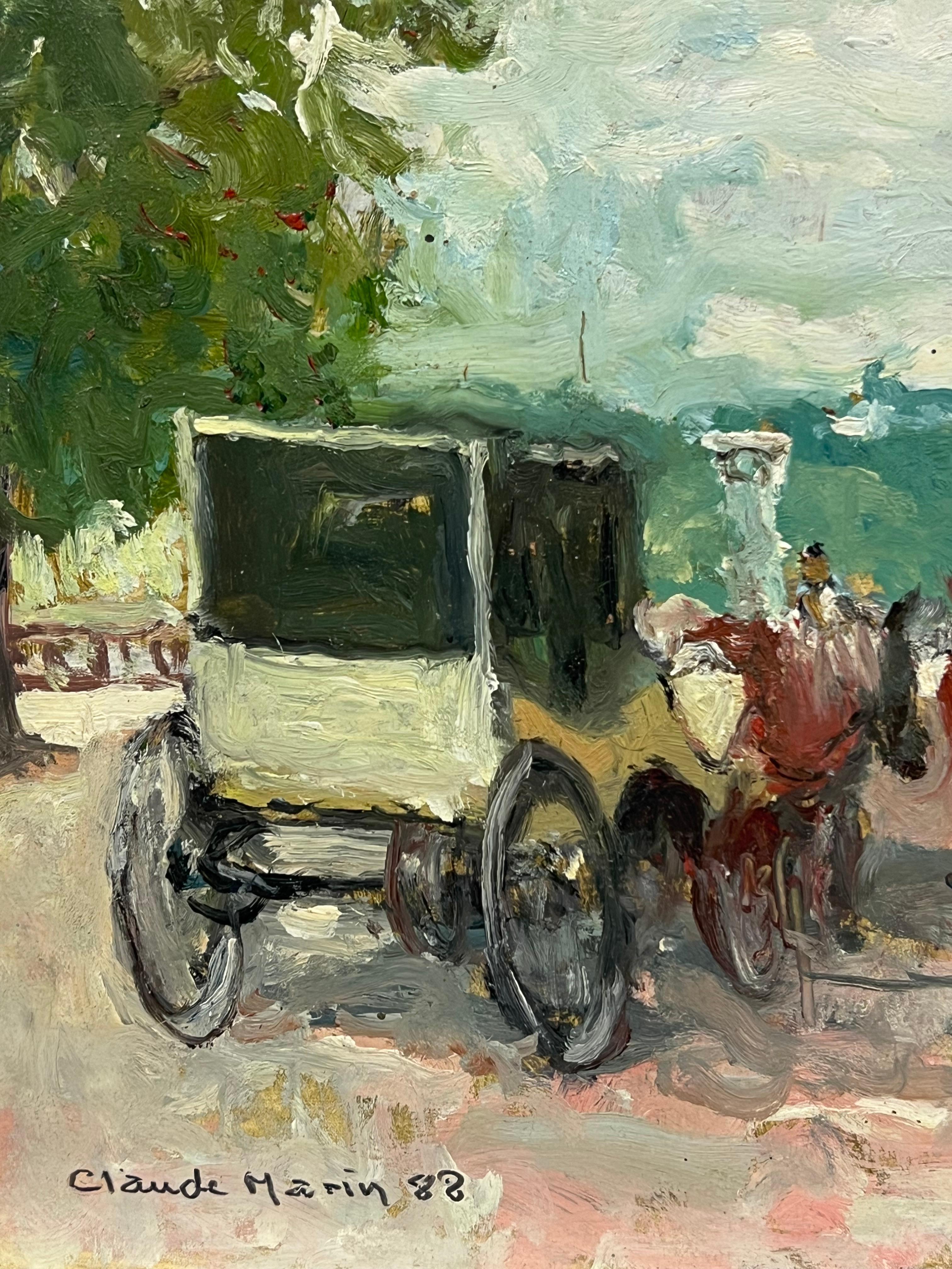 Caballo y carruaje Parque parisino ocupado Siglo XX Impresionista francés Óleo firmado - Landscape Painting Marrón de Claude Marin