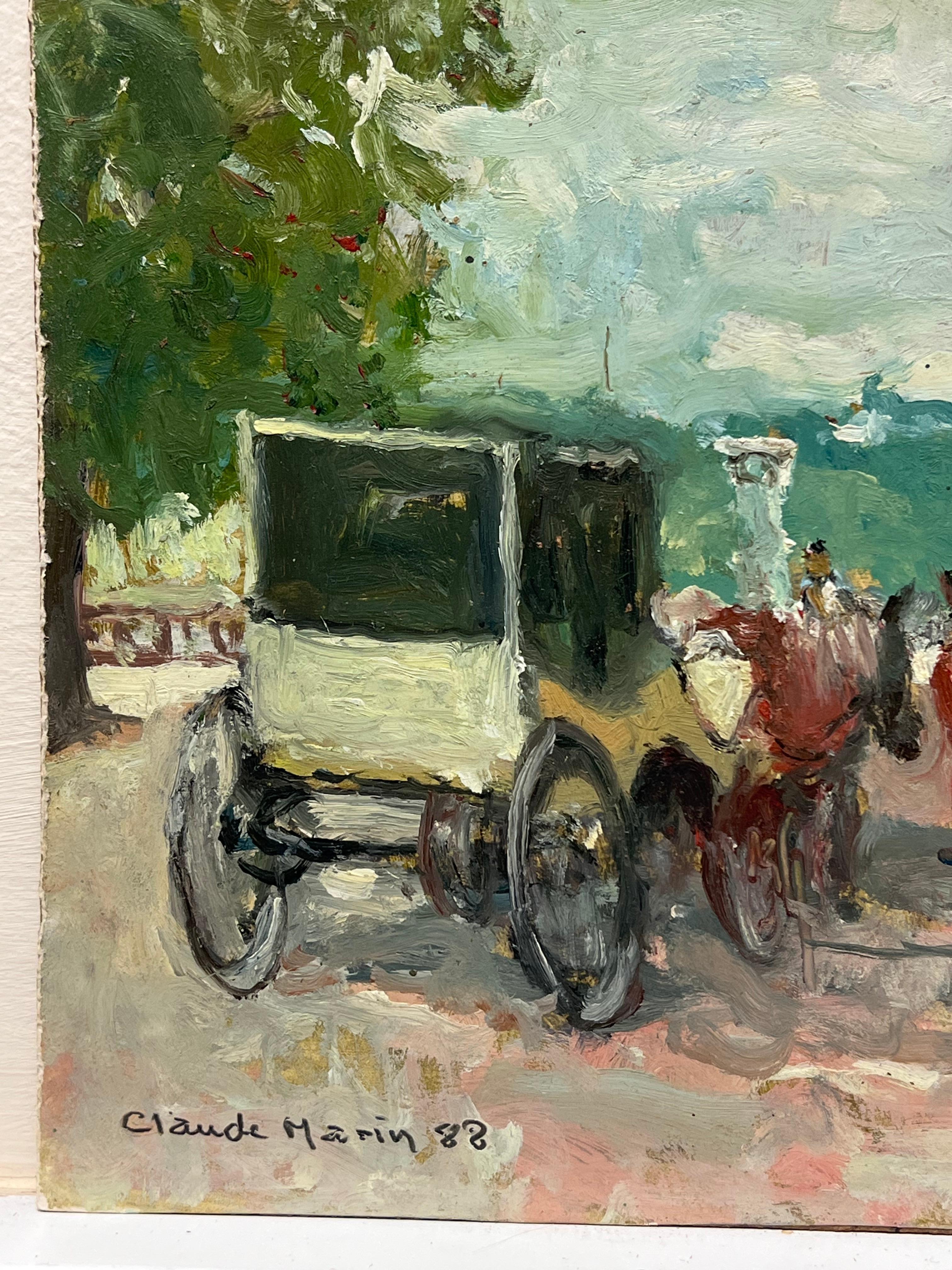 Caballo y carruaje Parque parisino ocupado Siglo XX Impresionista francés Óleo firmado en venta 1