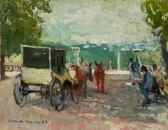 Horse & Carriage Busy Parisian Park 20th Century French Impressionist Signed Oil