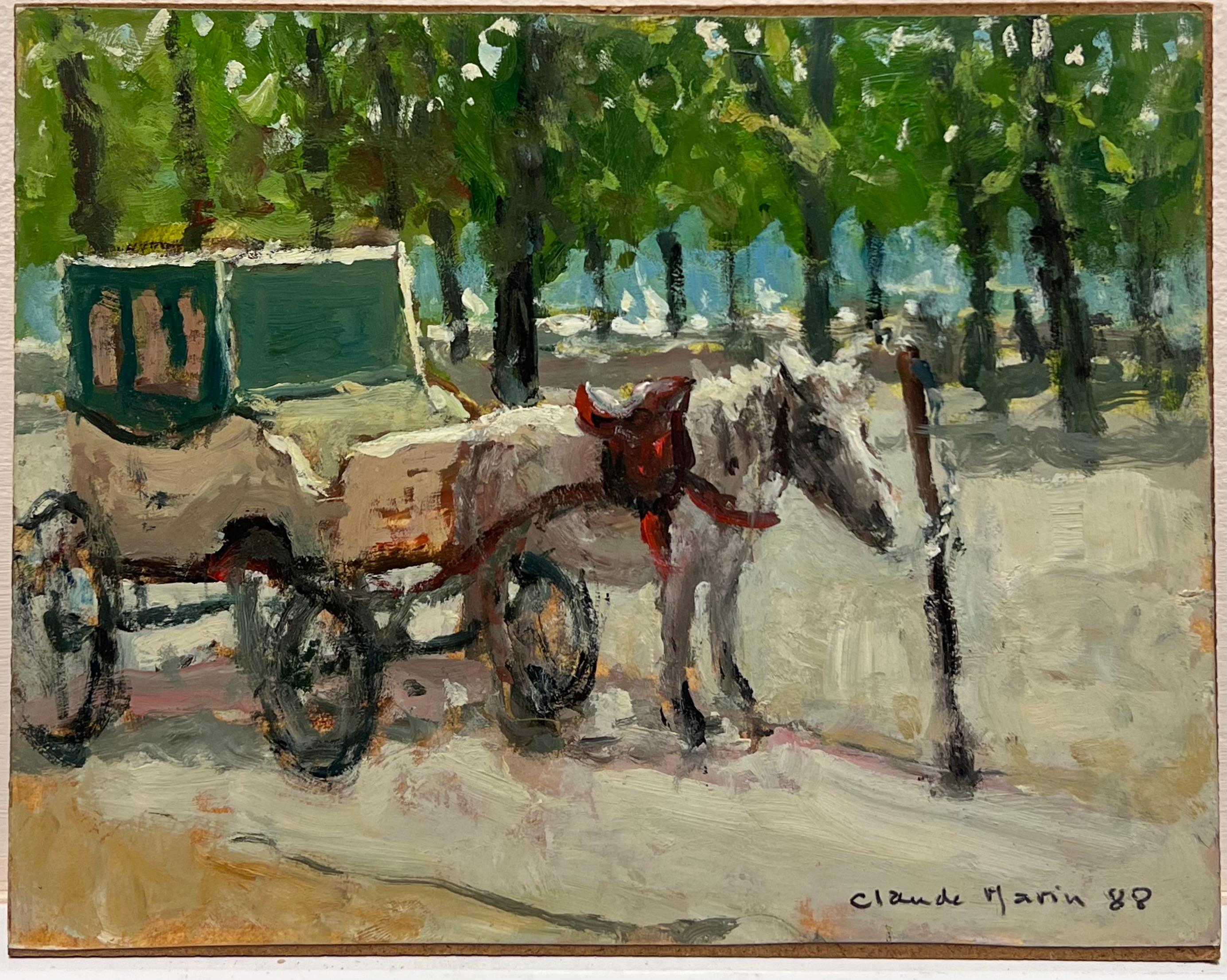 Cavallo e carrozza Parco di Parigi Olio firmato da un impressionista francese del XX secolo - Painting di Claude Marin