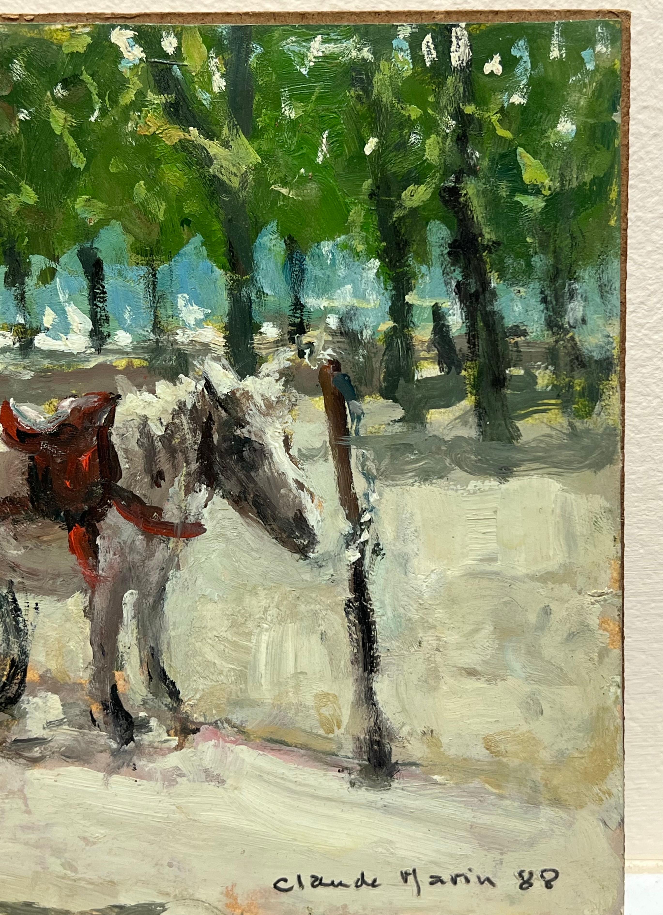 Cavallo e carrozza Parco di Parigi Olio firmato da un impressionista francese del XX secolo - Landscape Painting Grigio di Claude Marin